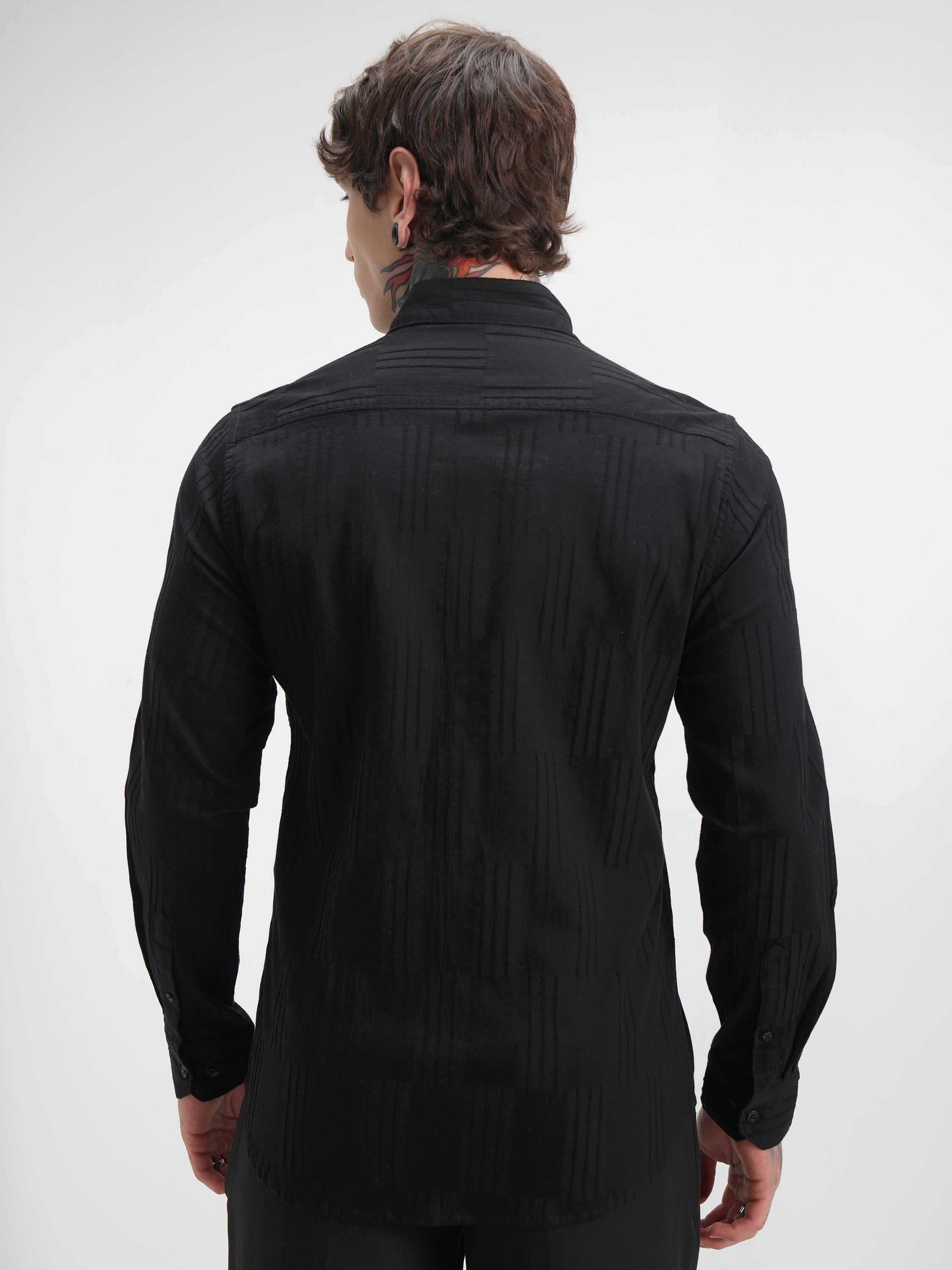Highlander Men Black Self Design Slim Fit Casual Shirt - Black - Image 3