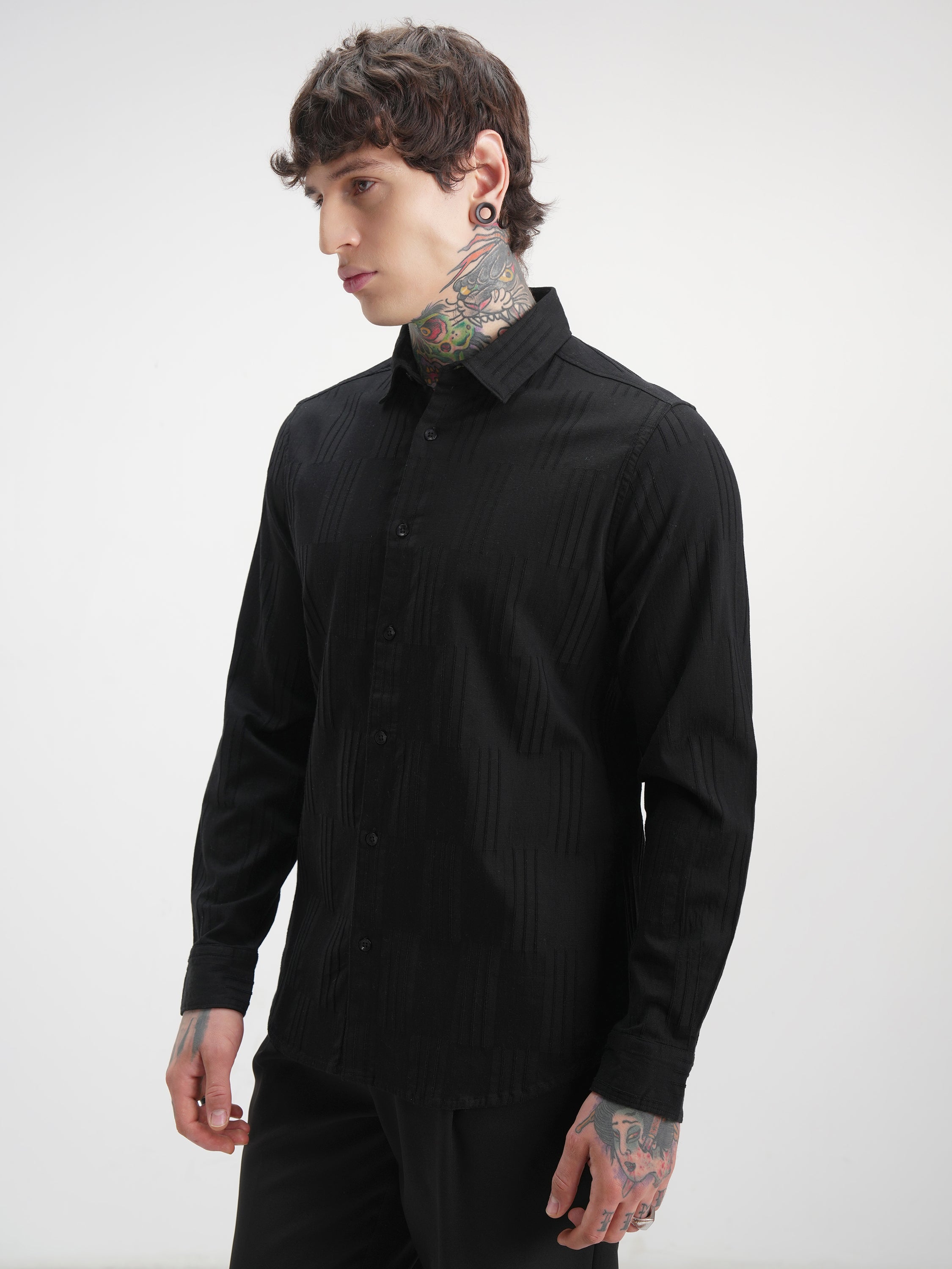 Highlander Men Black Self Design Slim Fit Casual Shirt - Black - Image 4