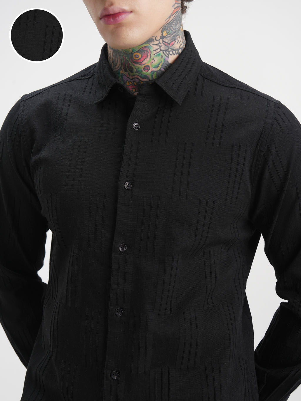 Highlander Men Black Self Design Slim Fit Casual Shirt - Black - Image 5