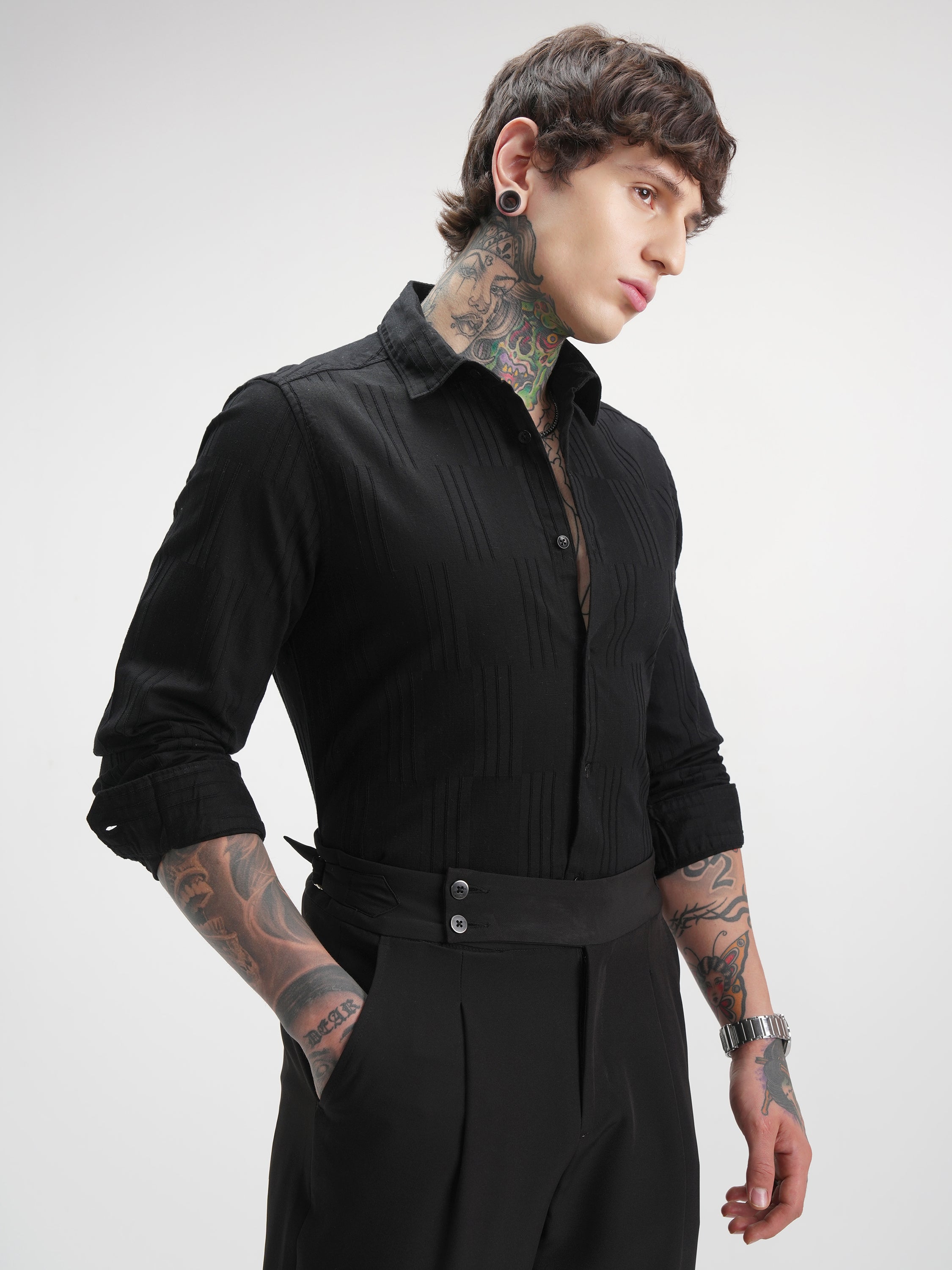 Highlander Men Black Self Design Slim Fit Casual Shirt - Black - Image 6