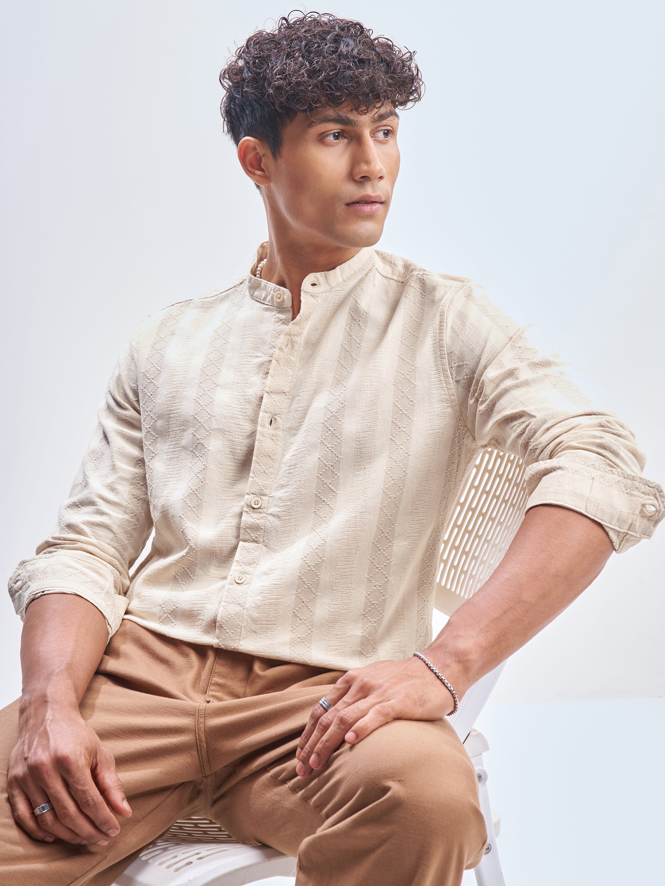 Highlander Men Beige Striped Slim Fit Casual Shirt - Beige - Image 1