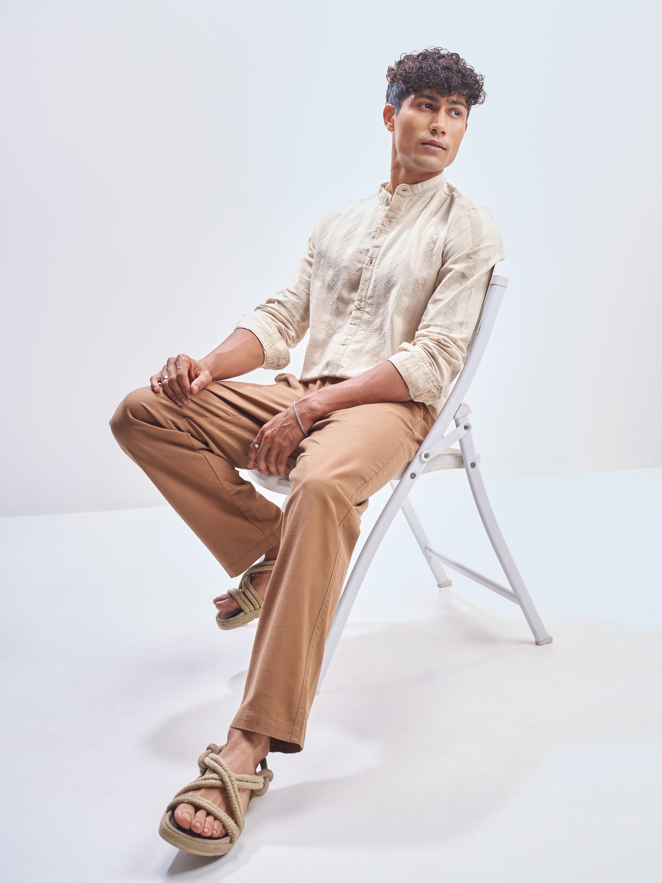 Highlander Men Beige Striped Slim Fit Casual Shirt - Beige - Image 2