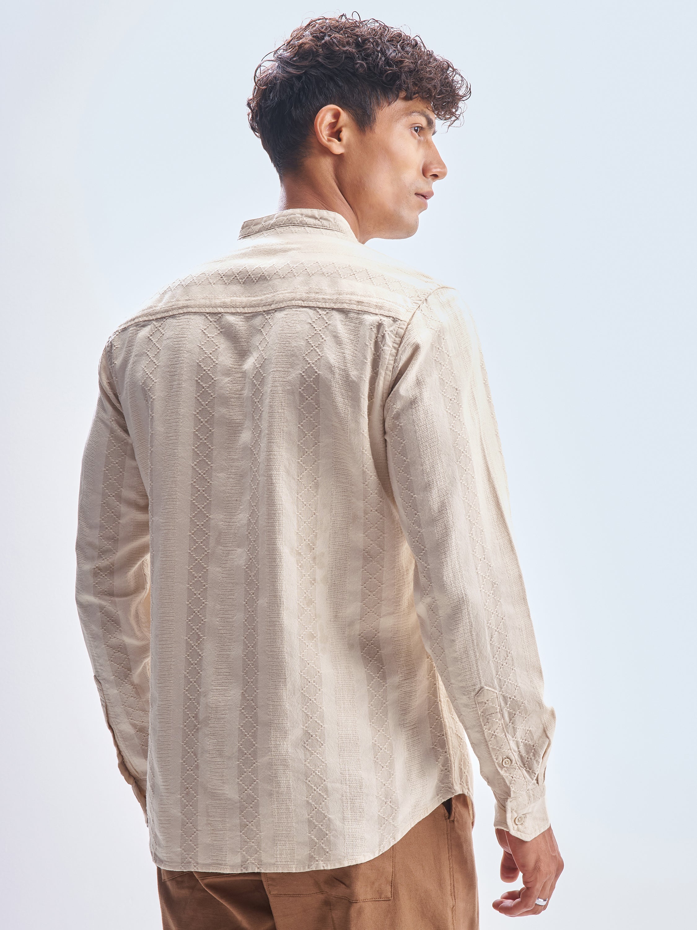 Highlander Men Beige Striped Slim Fit Casual Shirt - Beige - Image 3