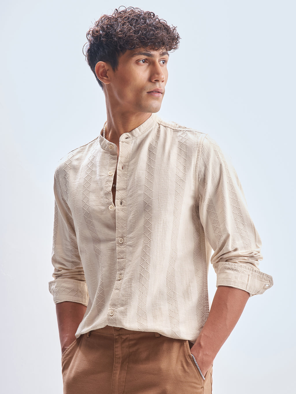 Highlander Men Beige Striped Slim Fit Casual Shirt - Beige - Image 4