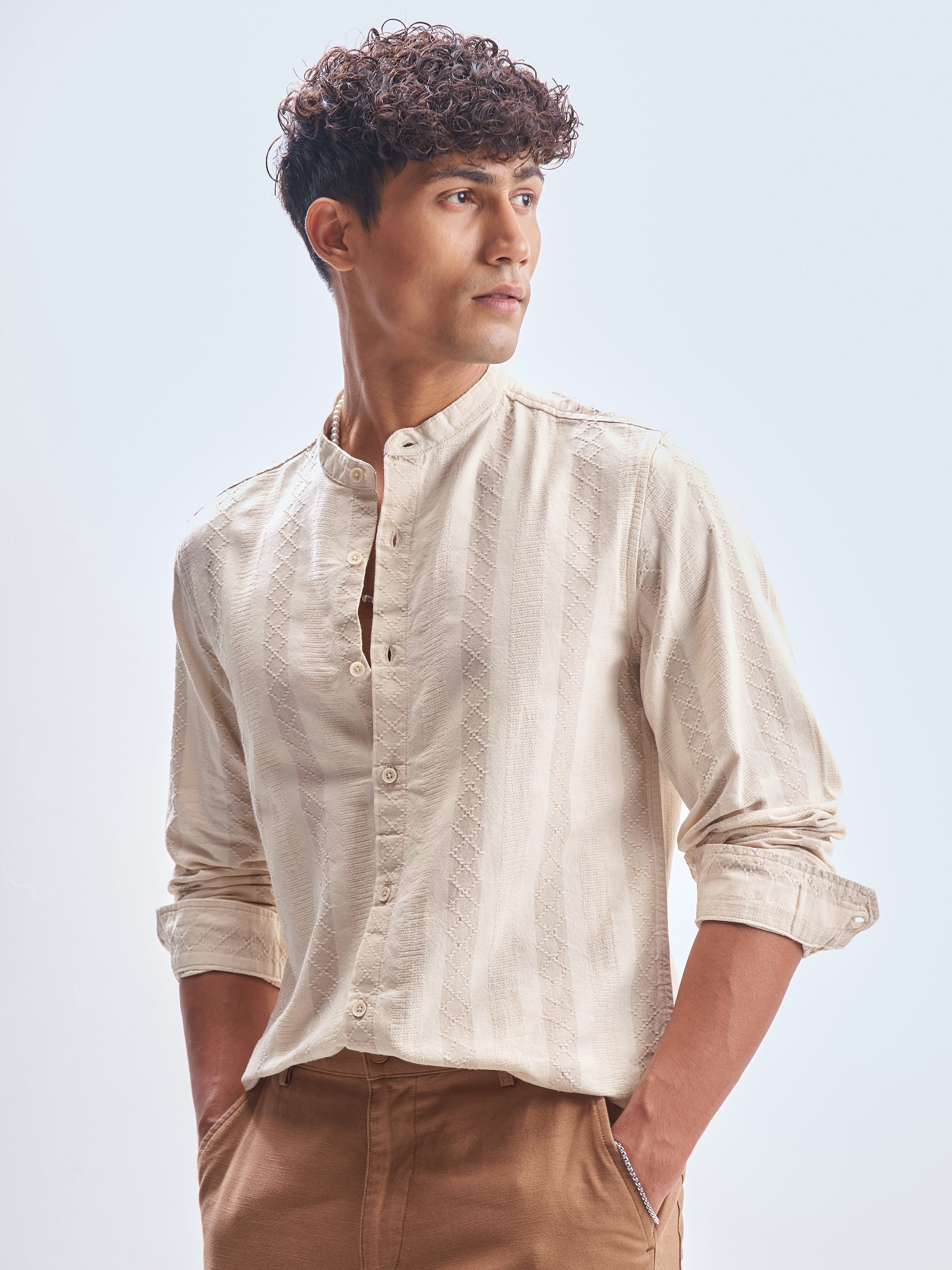 Highlander Men Beige Striped Slim Fit Casual Shirt - Beige - Image 4