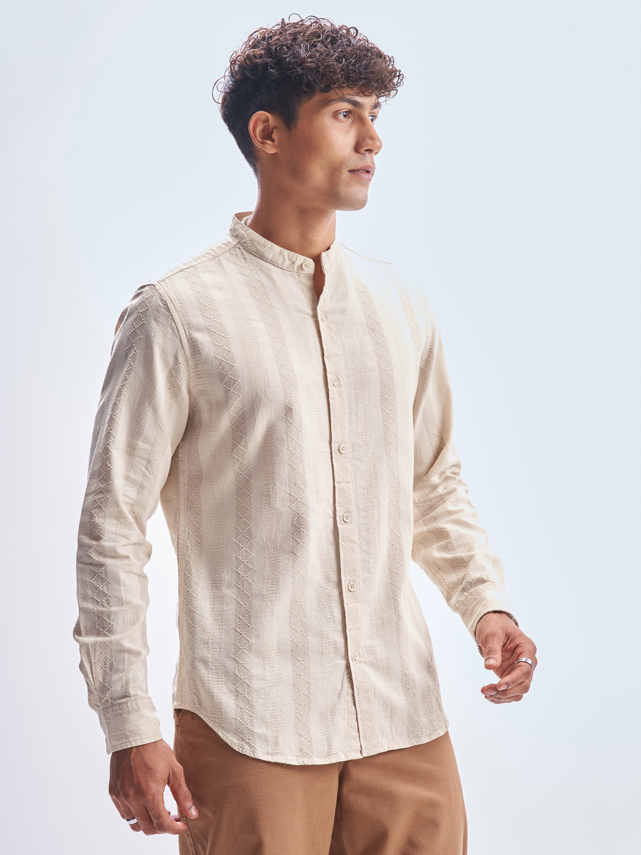 Highlander Men Beige Striped Slim Fit Casual Shirt - Beige - Image 6