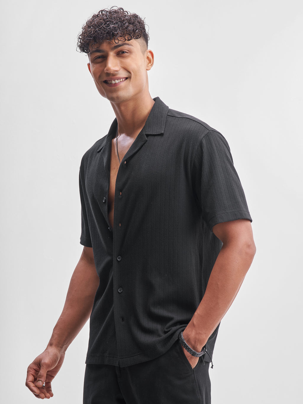 Highlander Men Black Self Design Relaxed Fit Casual Shirt - Black - Image 4