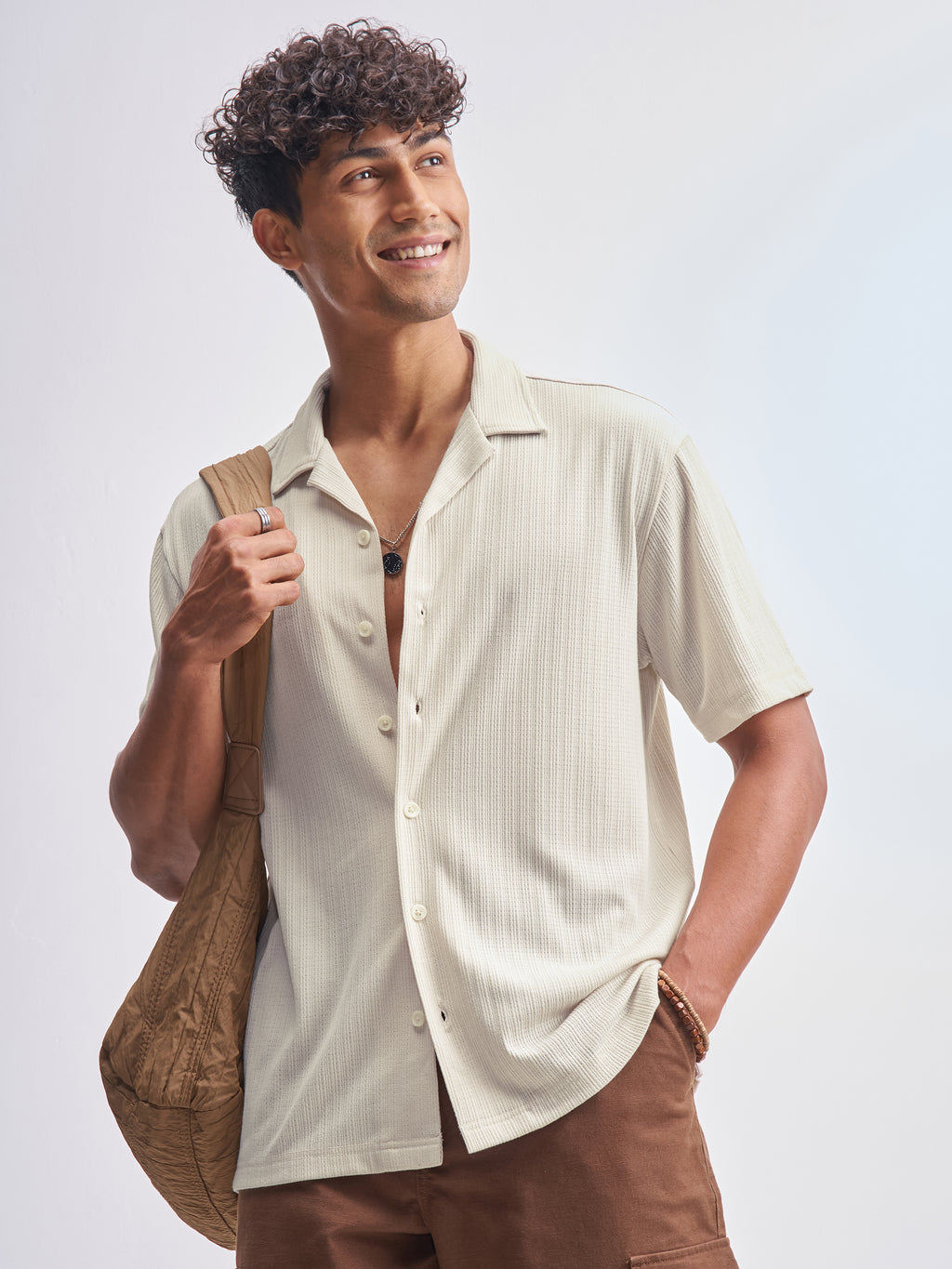 Highlander Men Cream Self Design Relaxed Fit Casual Shirt - Cream - Image 1