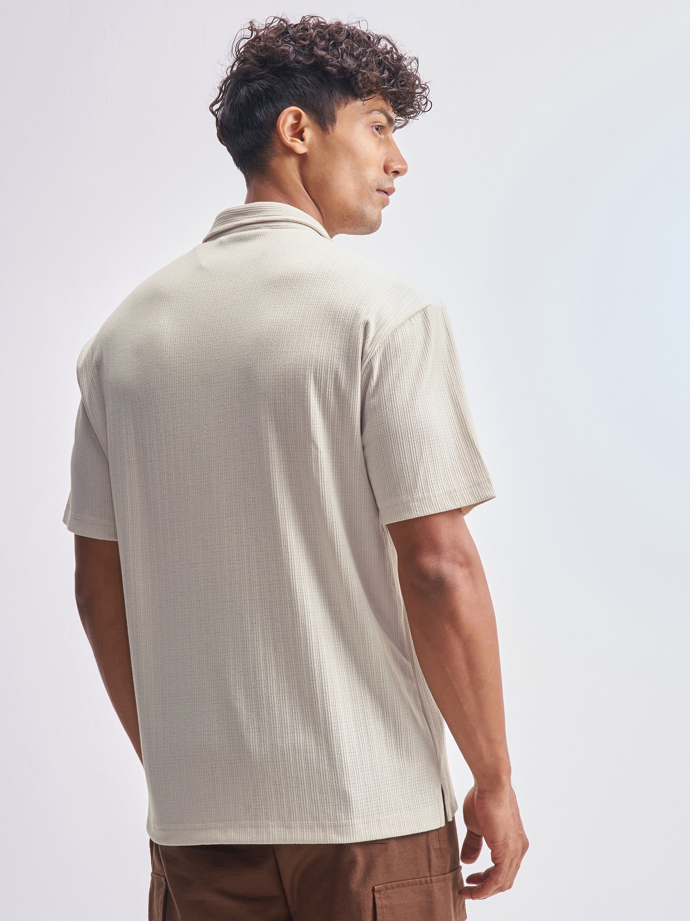 Highlander Men Cream Self Design Relaxed Fit Casual Shirt - Cream - Image 3