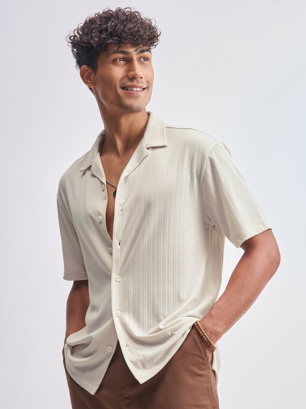 Highlander Men Cream Self Design Relaxed Fit Casual Shirt - Cream - Image 4