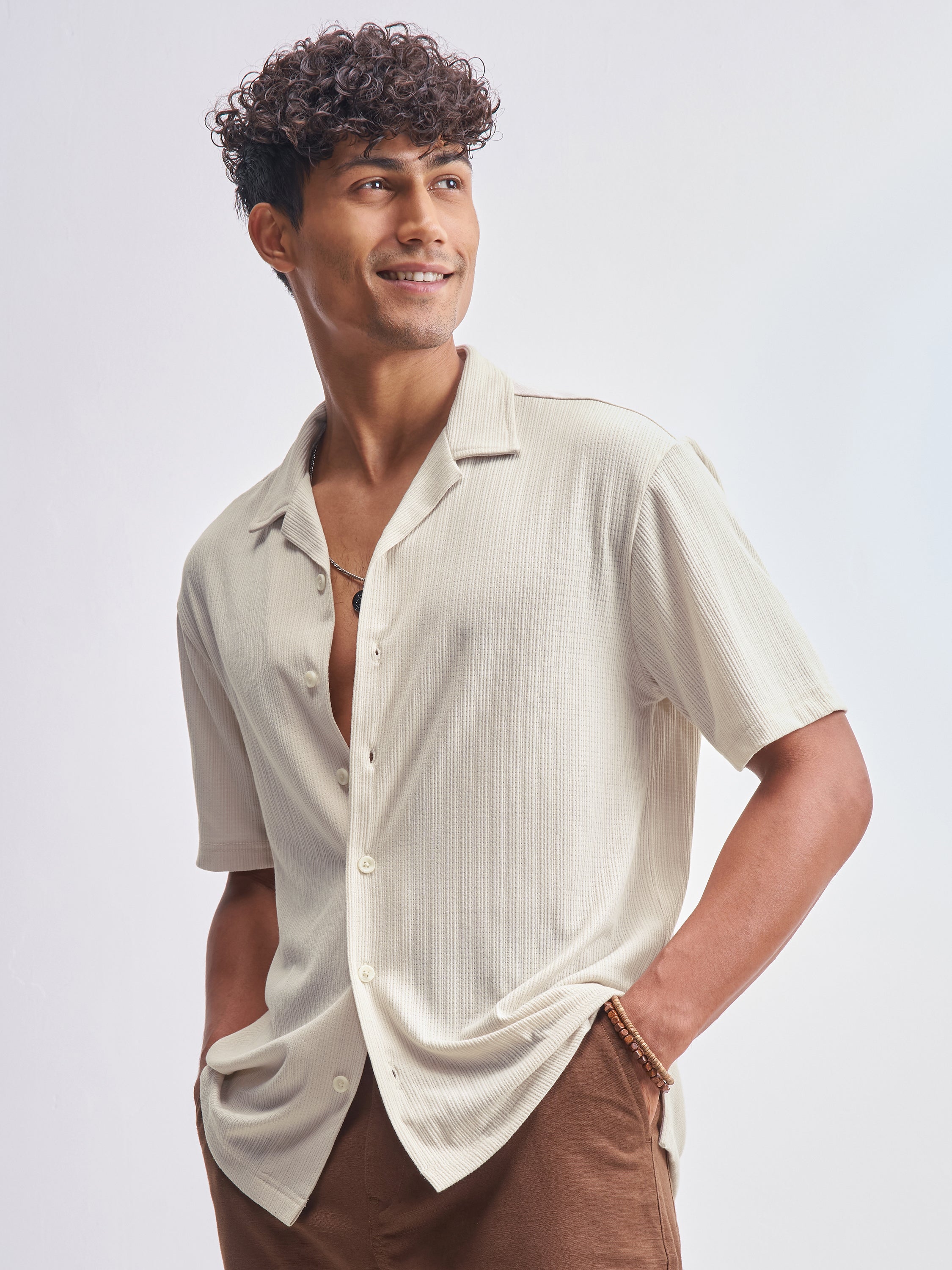 Highlander Men Cream Self Design Relaxed Fit Casual Shirt - Cream - Image 4