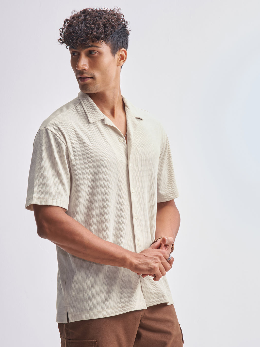 Highlander Men Cream Self Design Relaxed Fit Casual Shirt - Cream - Image 6