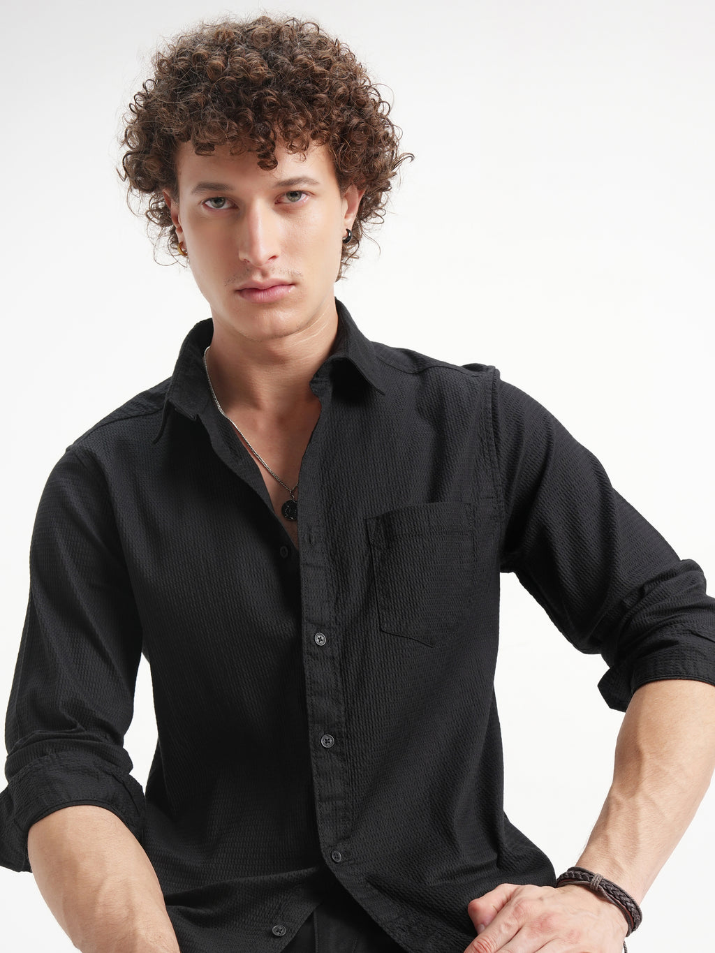 Highlander Men Black Self Design Slim Fit Casual Shirt - Black - Image 1