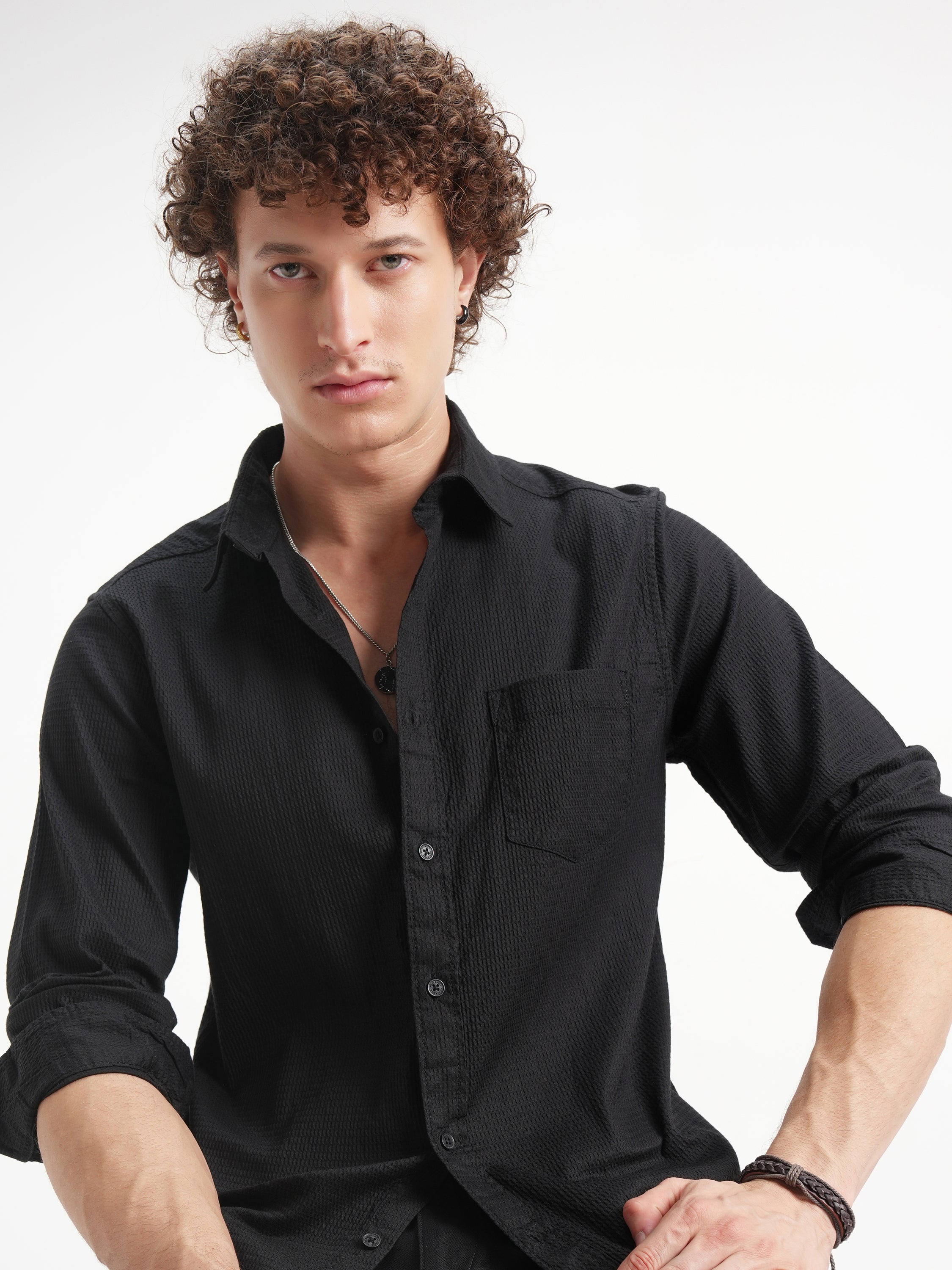 Highlander Men Black Self Design Slim Fit Casual Shirt - Black - Image 1