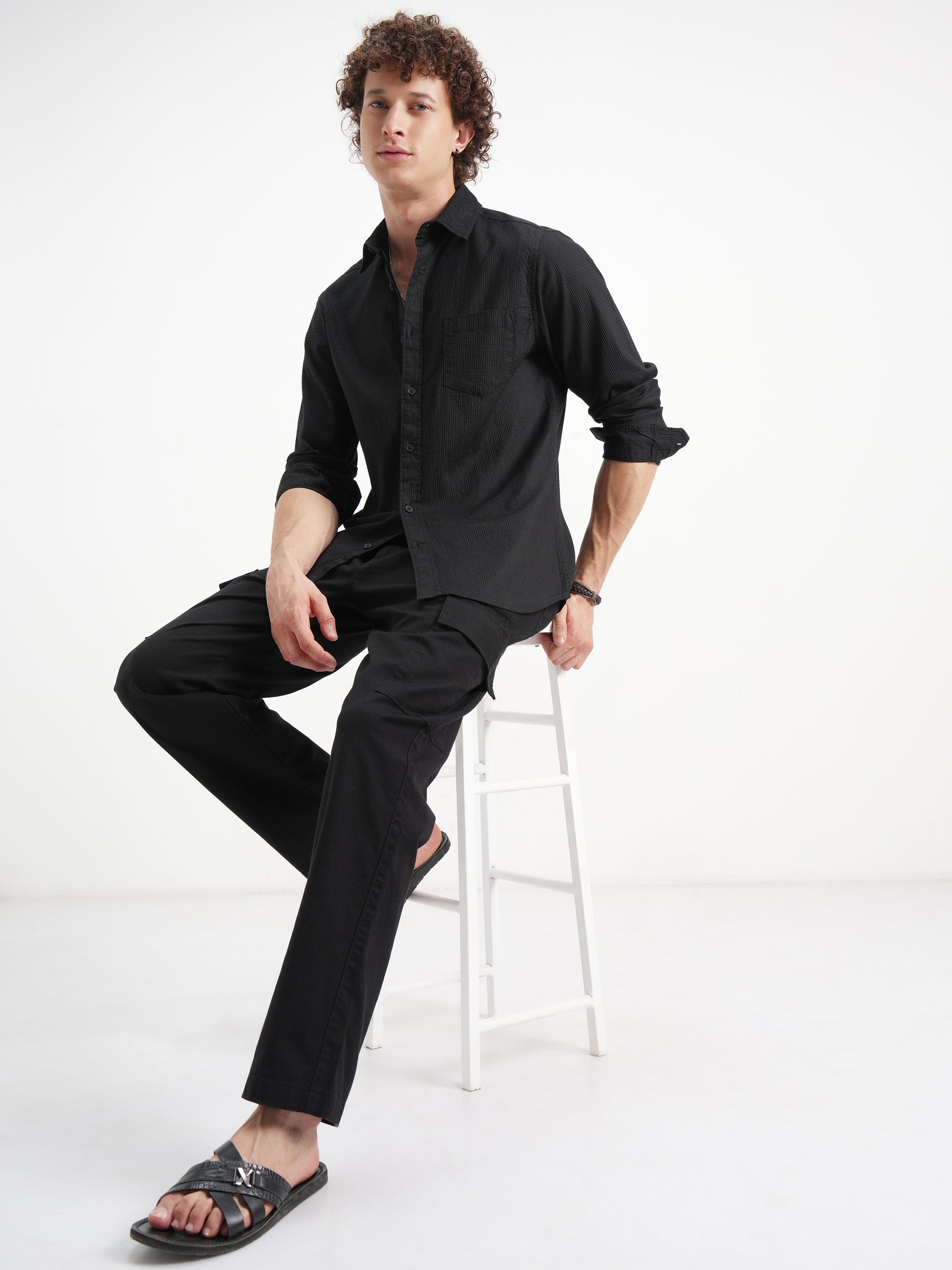 Highlander Men Black Self Design Slim Fit Casual Shirt - Black - Image 2