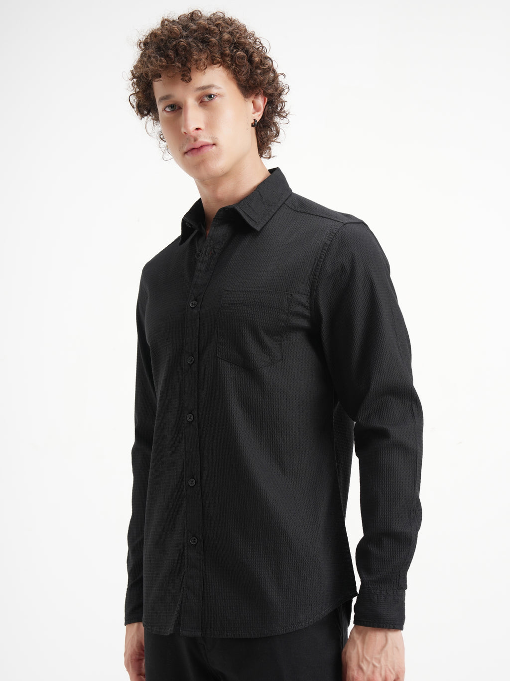 Highlander Men Black Self Design Slim Fit Casual Shirt - Black - Image 4