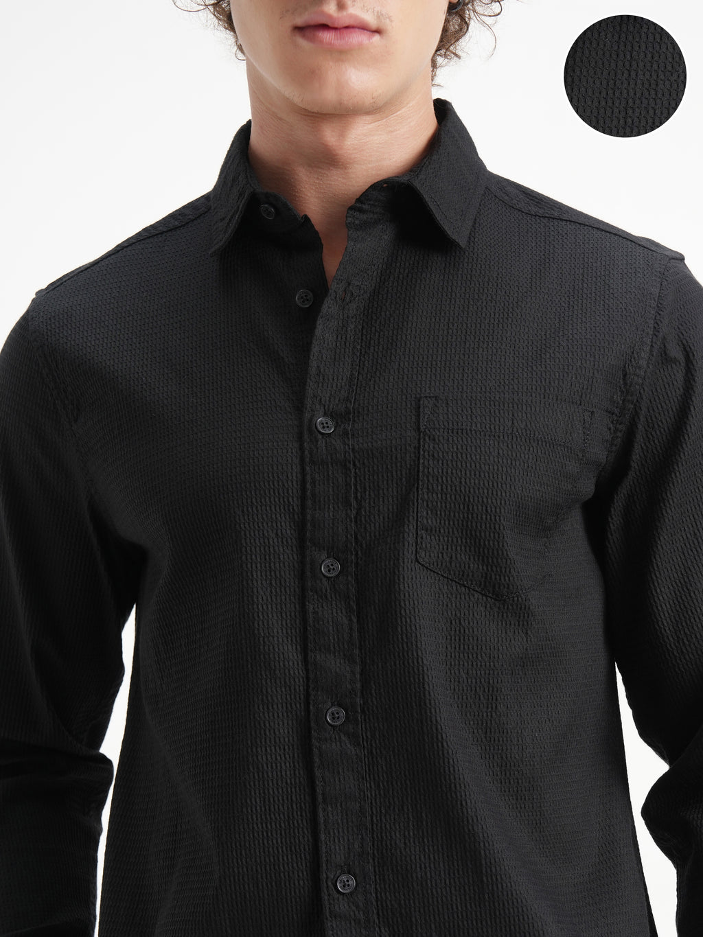 Highlander Men Black Self Design Slim Fit Casual Shirt - Black - Image 5