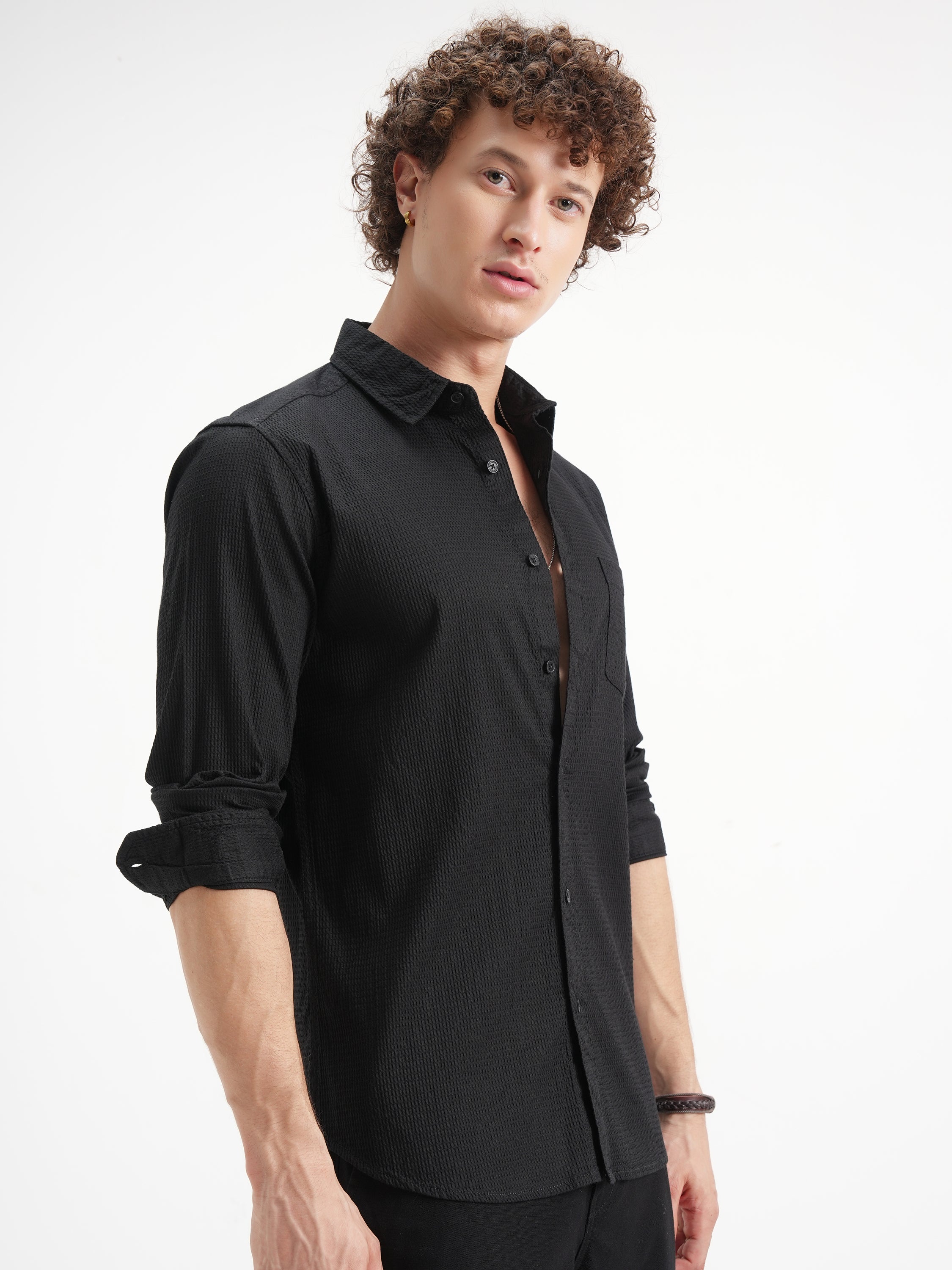 Highlander Men Black Self Design Slim Fit Casual Shirt - Black - Image 6