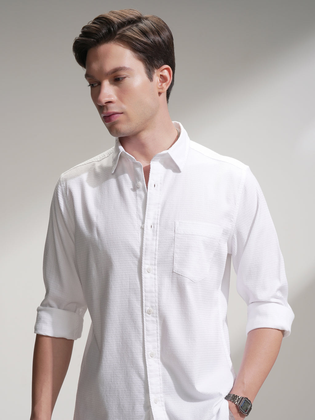 Highlander Men White Self Design Slim Fit Casual Shirt - White - Image 1