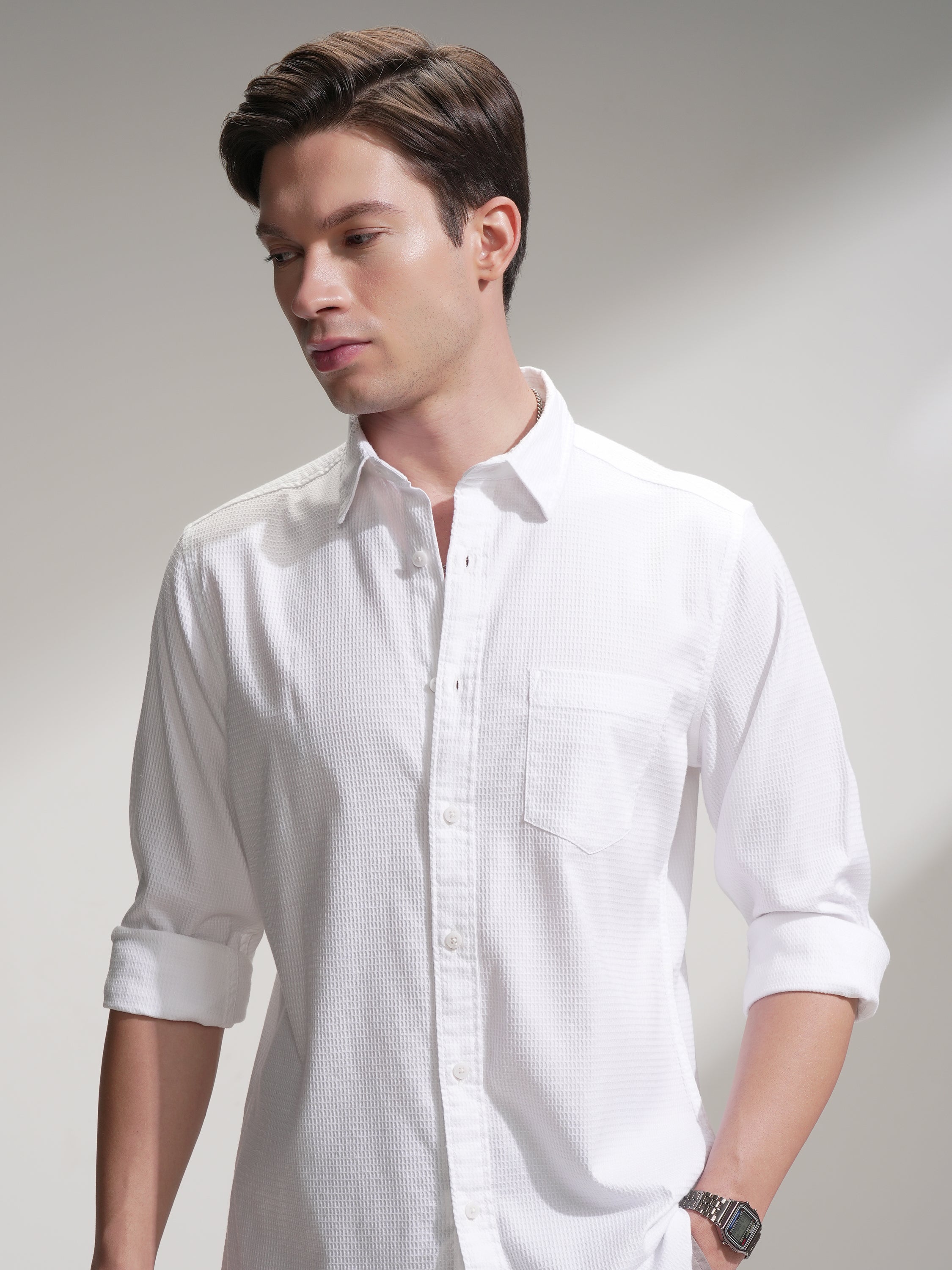 Highlander Men White Self Design Slim Fit Casual Shirt - White - Image 1
