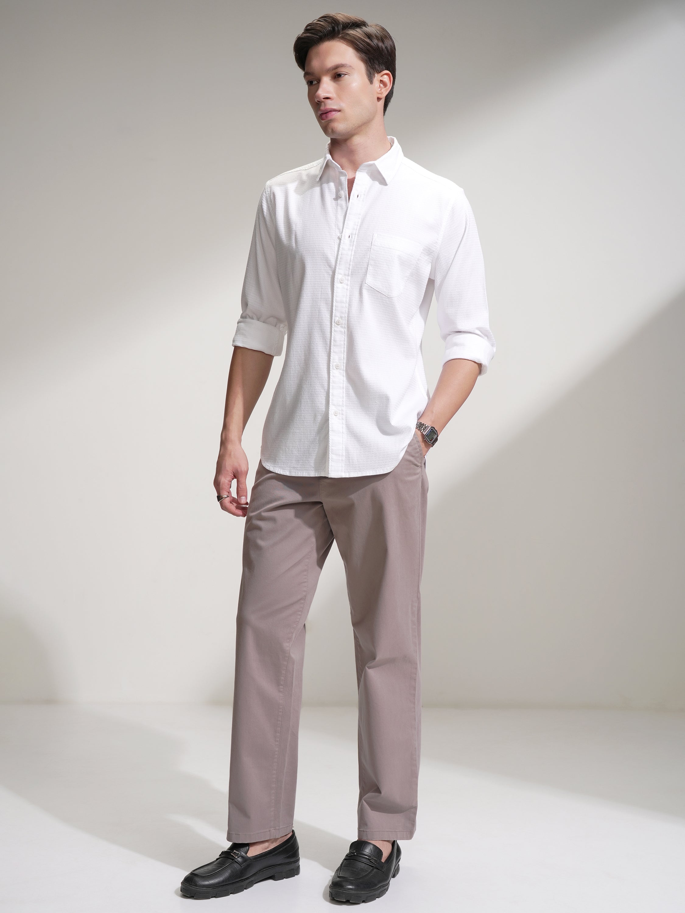 Highlander Men White Self Design Slim Fit Casual Shirt - White - Image 2
