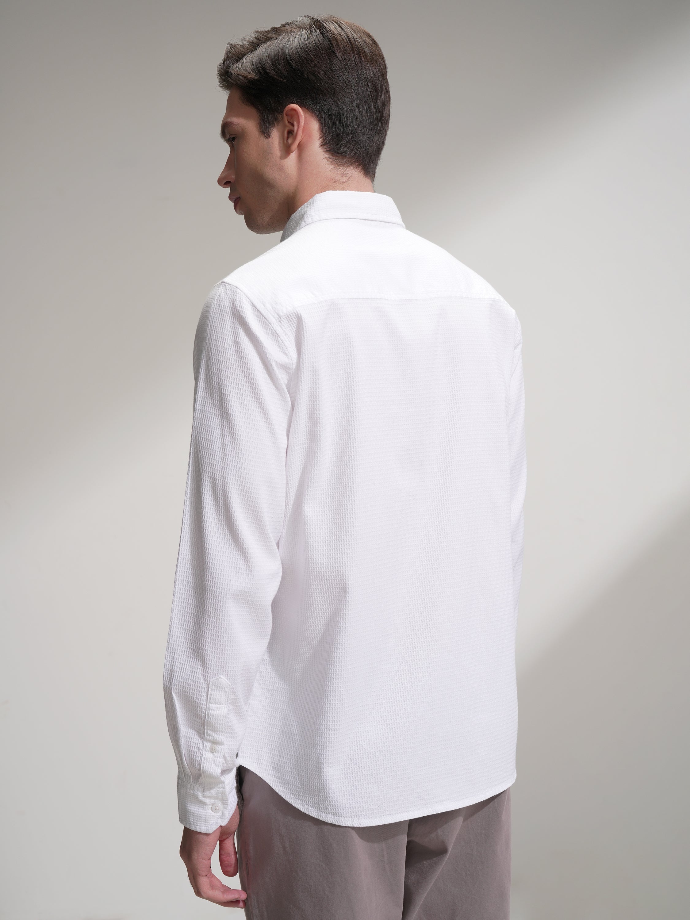 Highlander Men White Self Design Slim Fit Casual Shirt - White - Image 3