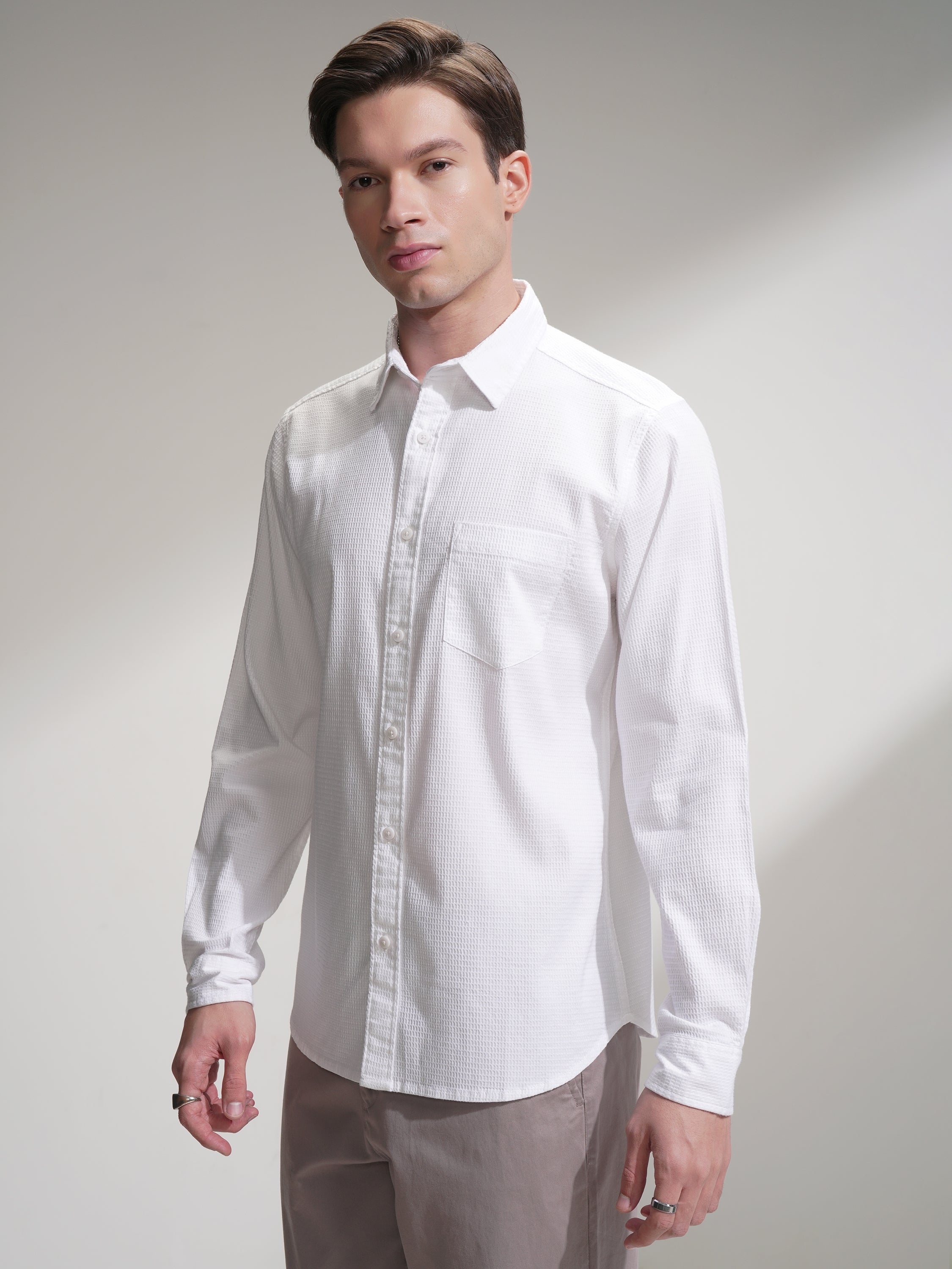 Highlander Men White Self Design Slim Fit Casual Shirt - White - Image 4