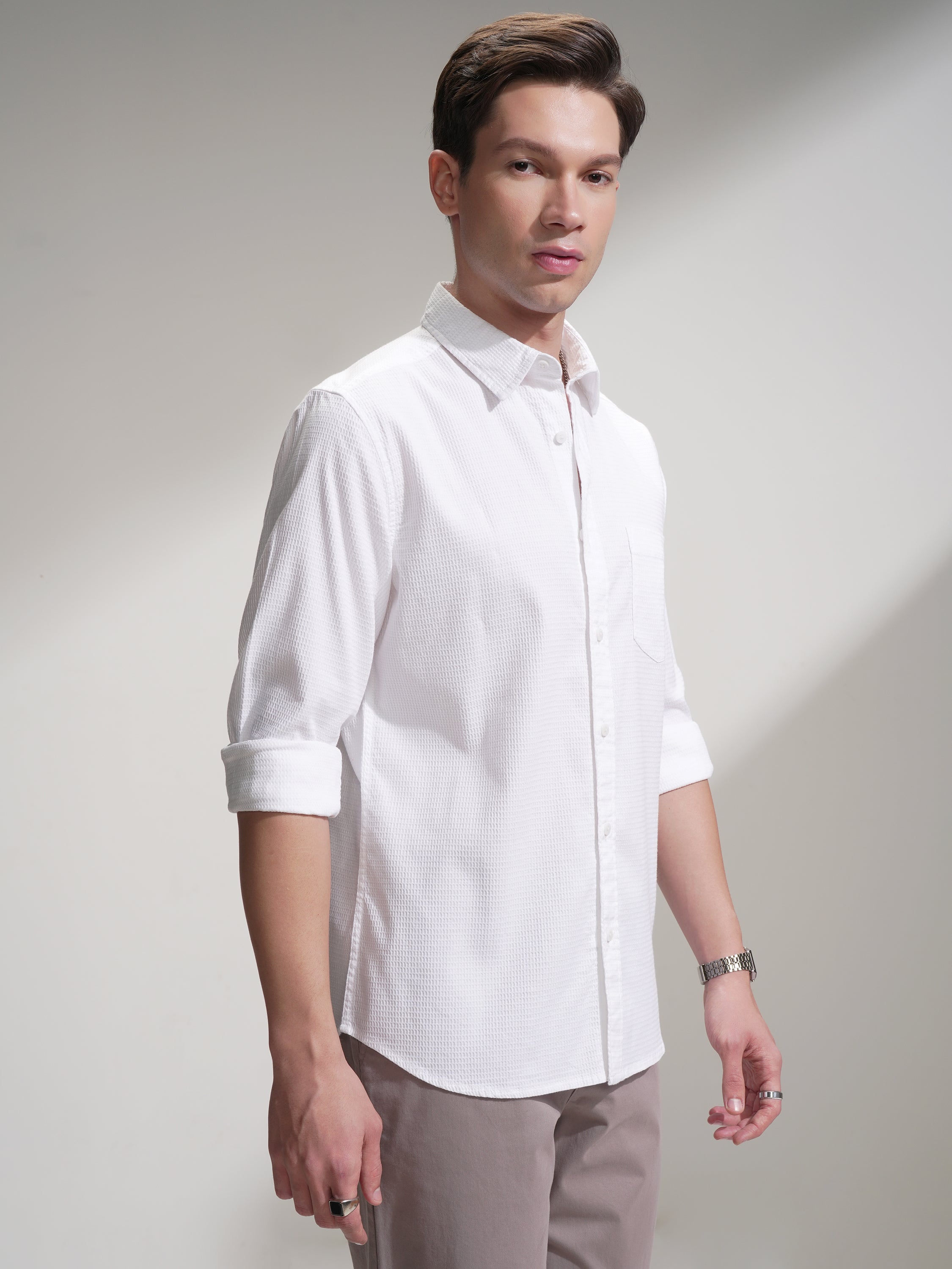 Highlander Men White Self Design Slim Fit Casual Shirt - White - Image 6