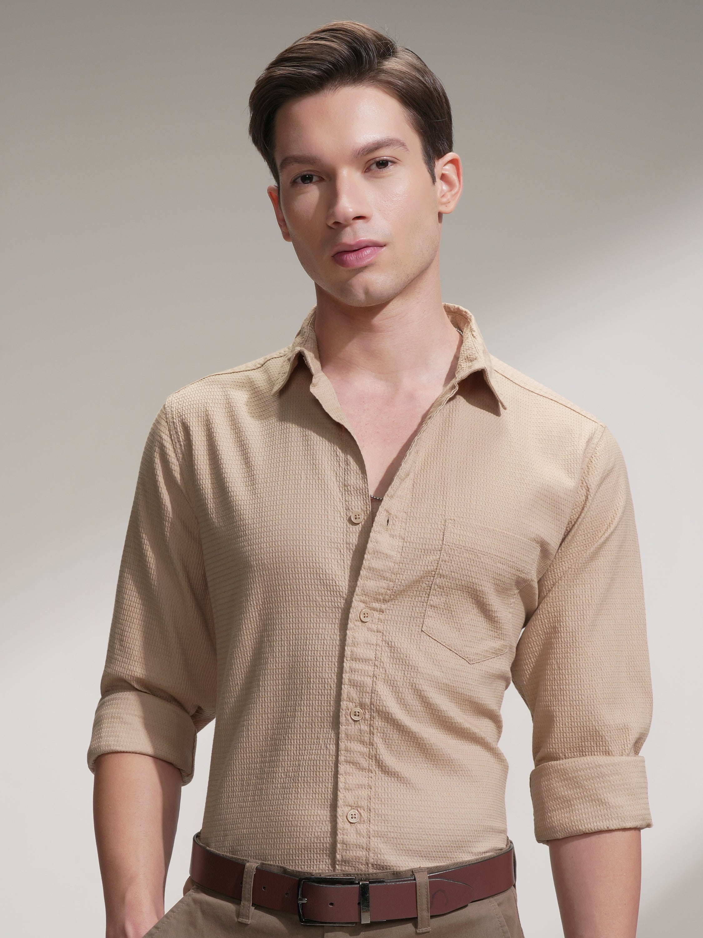 Highlander Men Beige Self Design Slim Fit Casual Shirt - Beige - Image 1