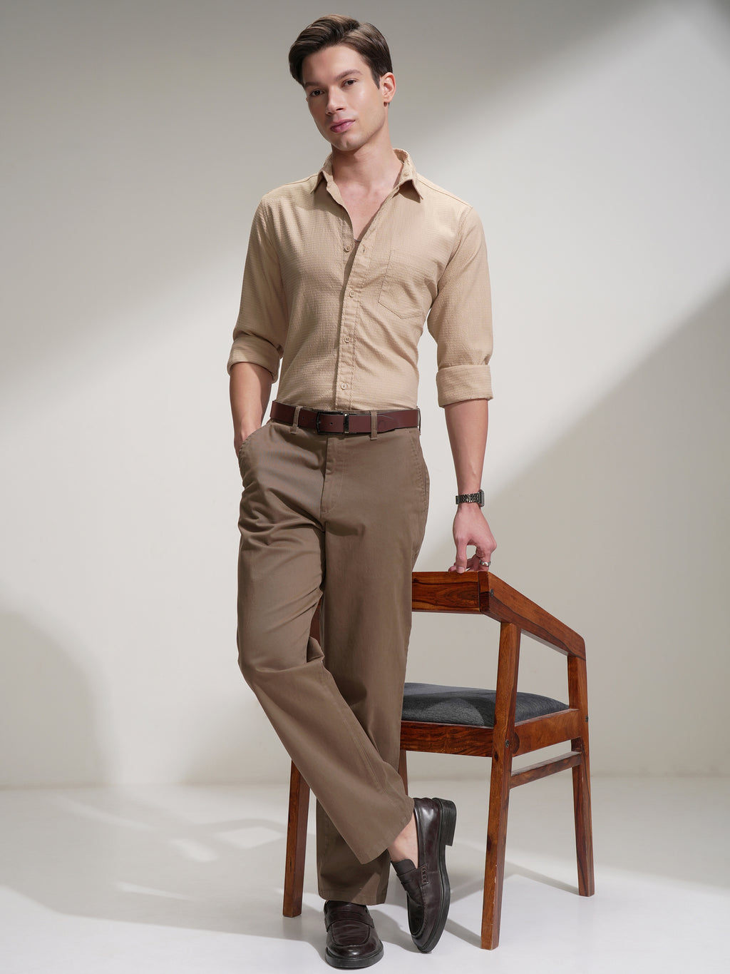 Highlander Men Beige Self Design Slim Fit Casual Shirt - Beige - Image 2