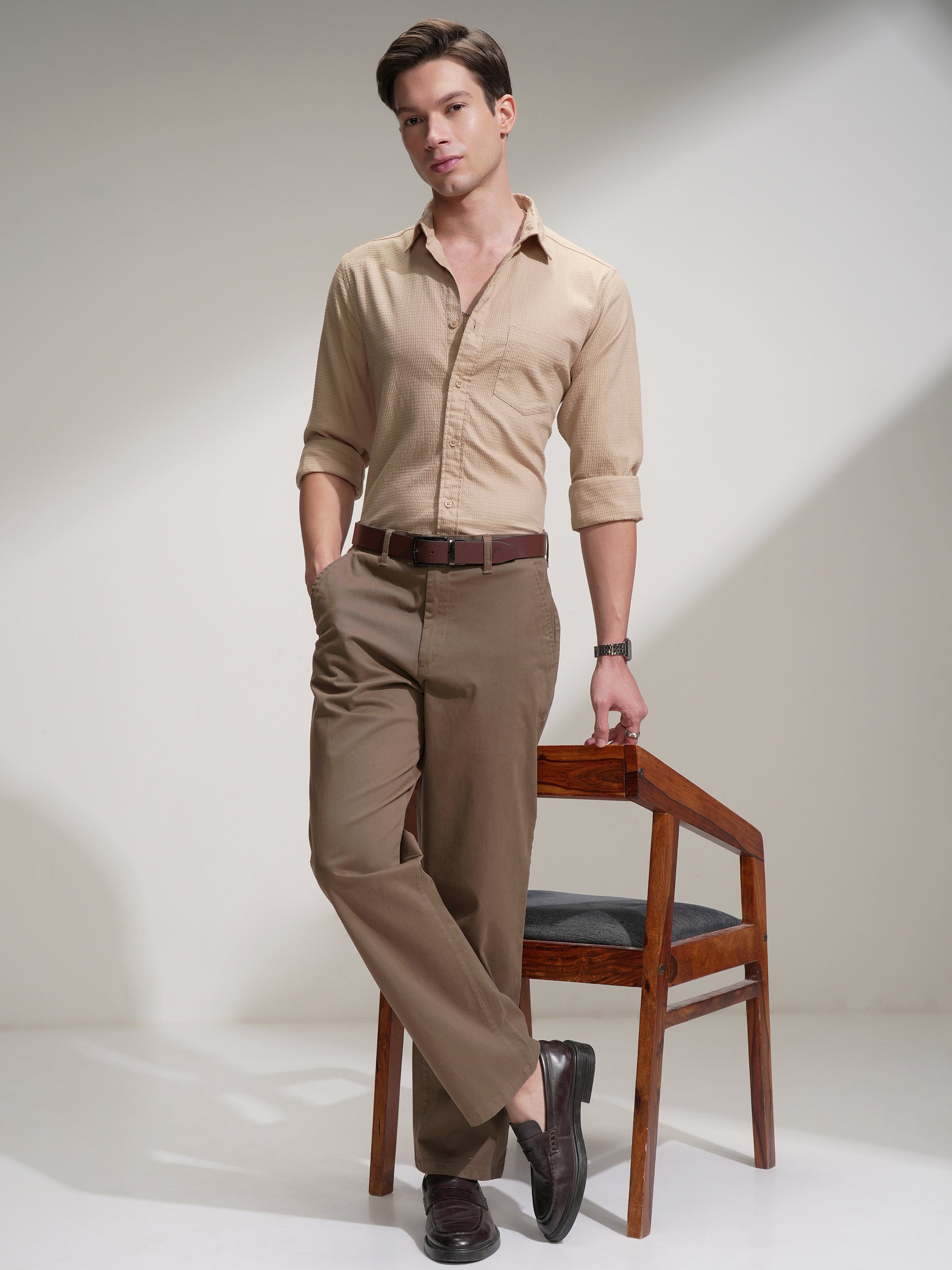 Highlander Men Beige Self Design Slim Fit Casual Shirt - Beige - Image 2