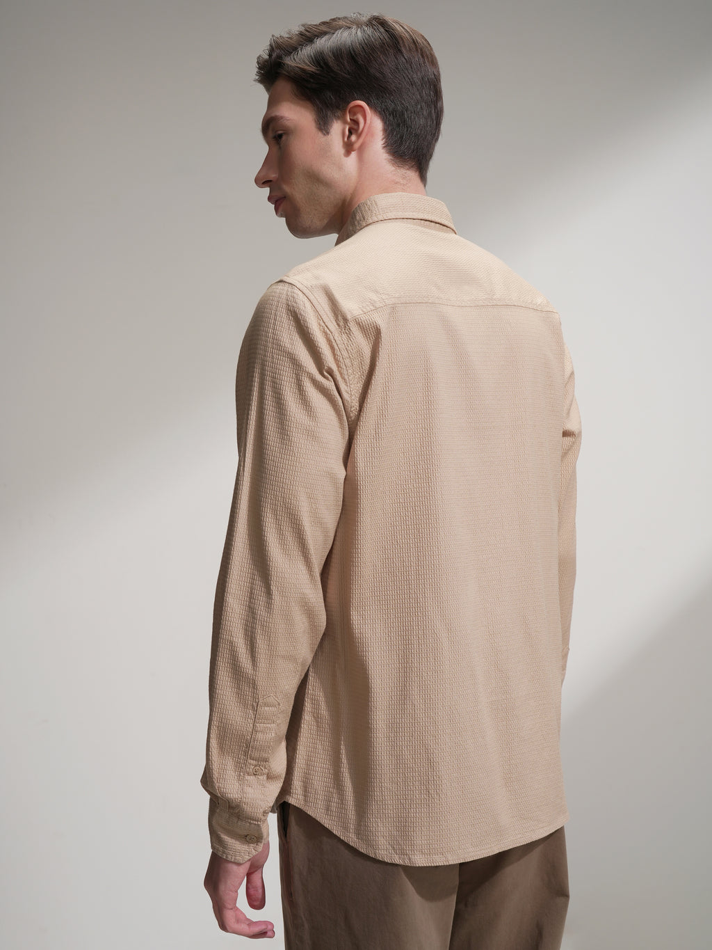 Highlander Men Beige Self Design Slim Fit Casual Shirt - Beige - Image 3
