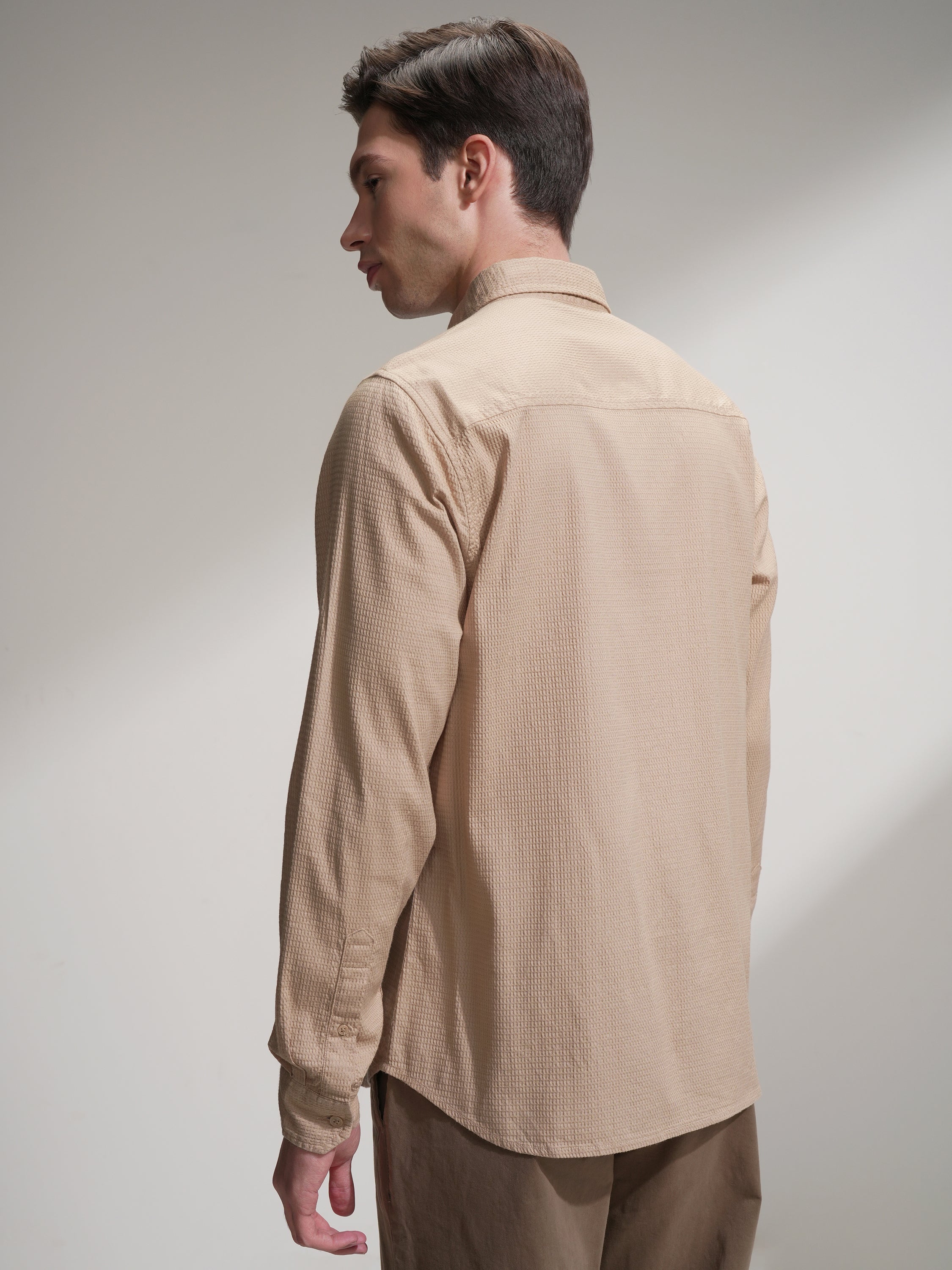 Highlander Men Beige Self Design Slim Fit Casual Shirt - Beige - Image 3