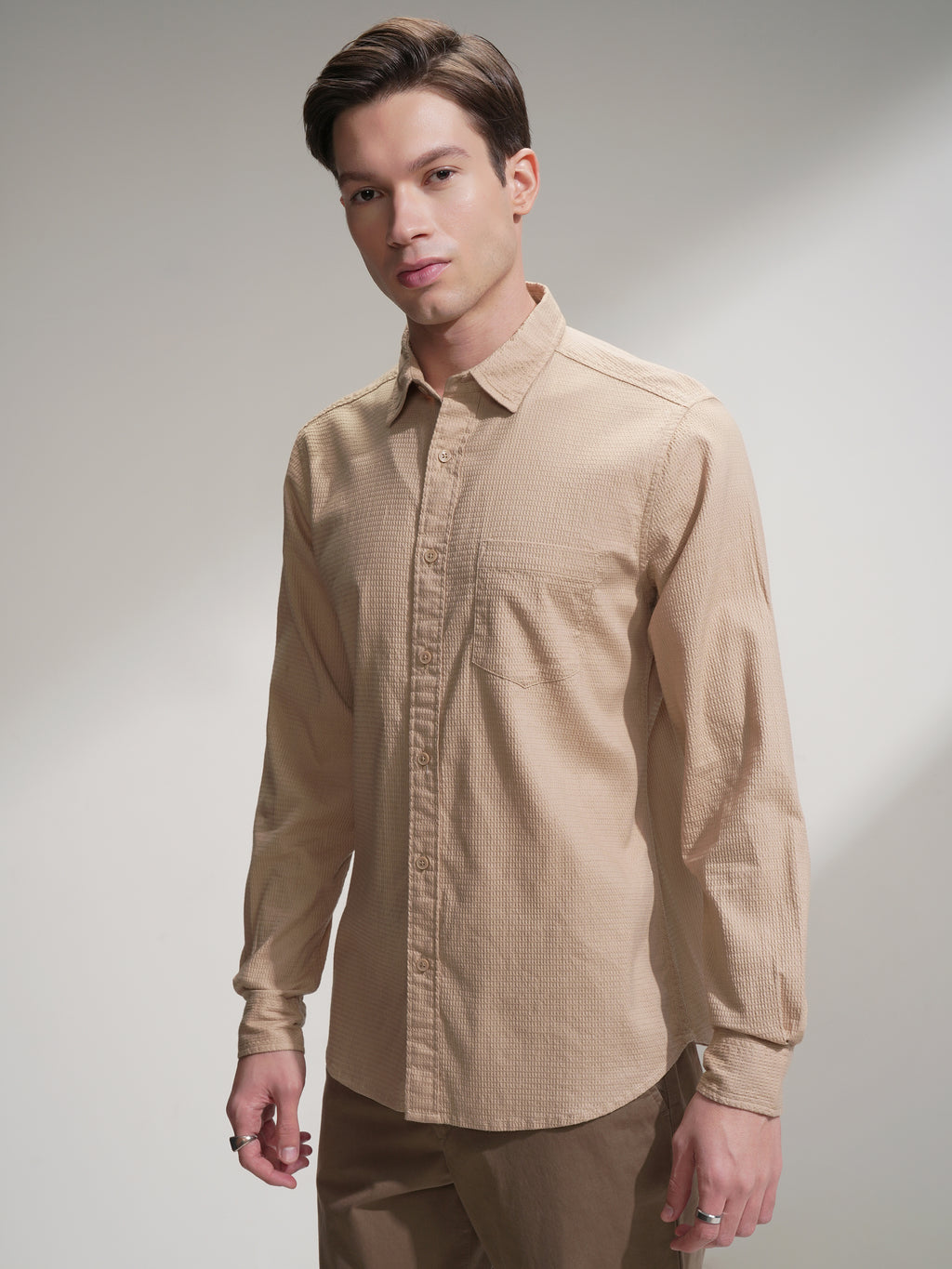 Highlander Men Beige Self Design Slim Fit Casual Shirt - Beige - Image 4