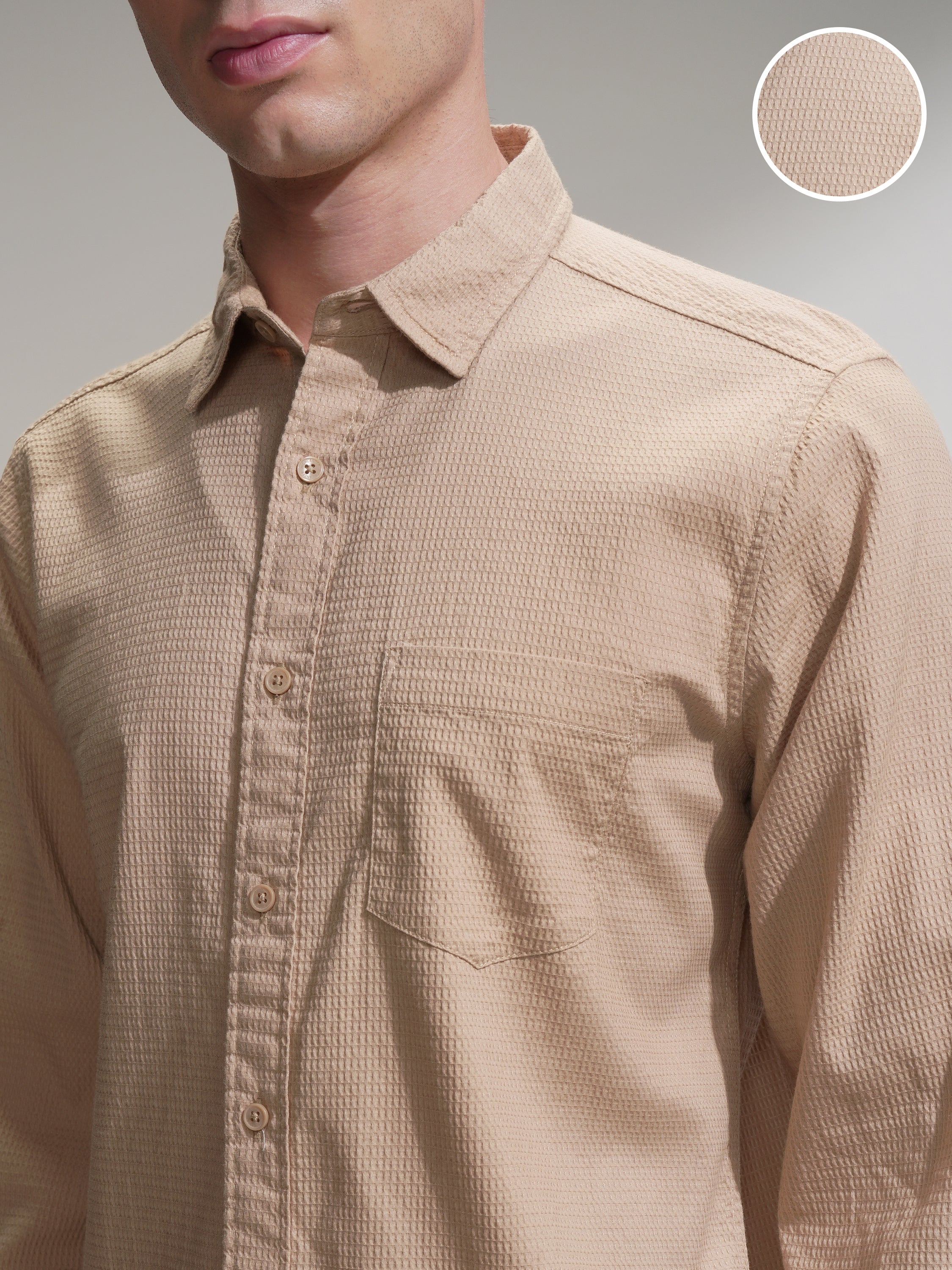 Highlander Men Beige Self Design Slim Fit Casual Shirt - Beige - Image 5