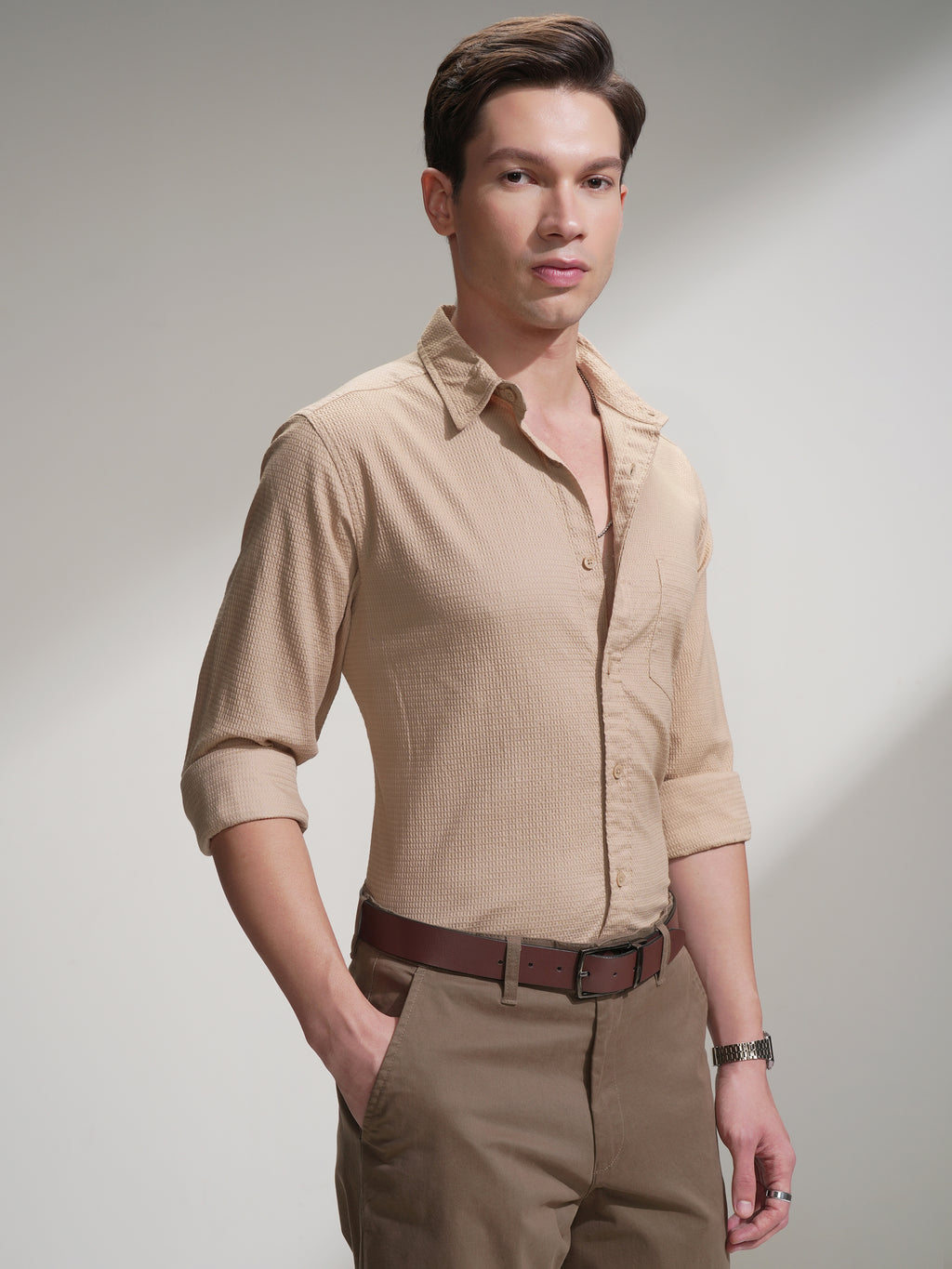Highlander Men Beige Self Design Slim Fit Casual Shirt - Beige - Image 6