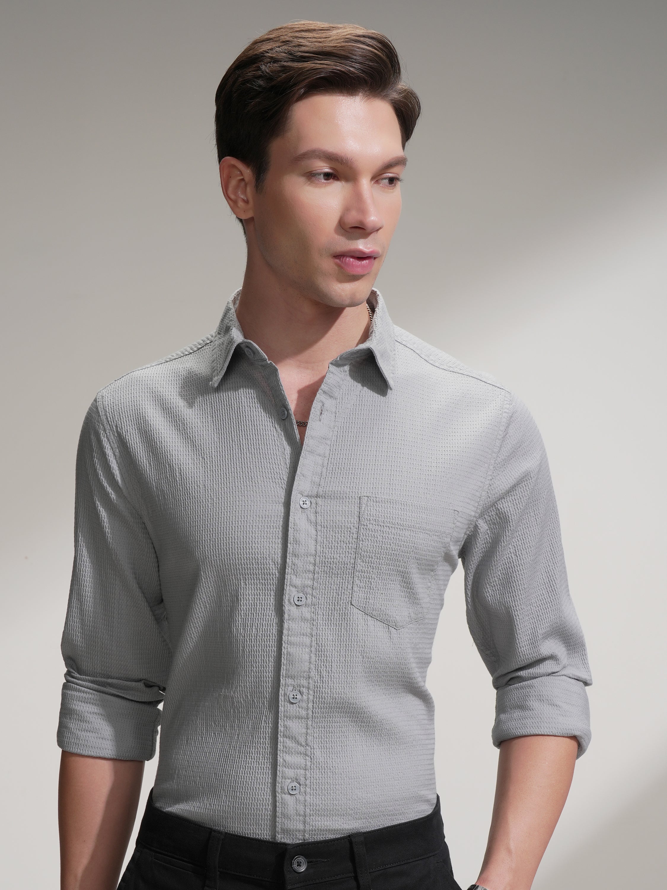 Highlander Men Grey Self Design Slim Fit Casual Shirt - Grey - Image 1