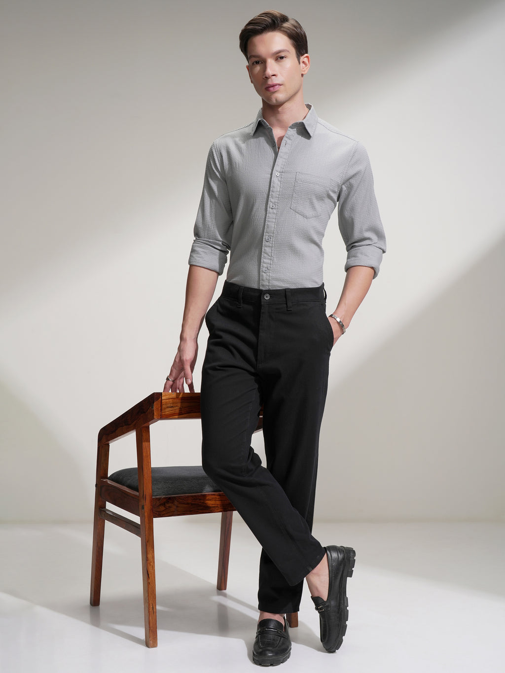 Highlander Men Grey Self Design Slim Fit Casual Shirt - Grey - Image 2