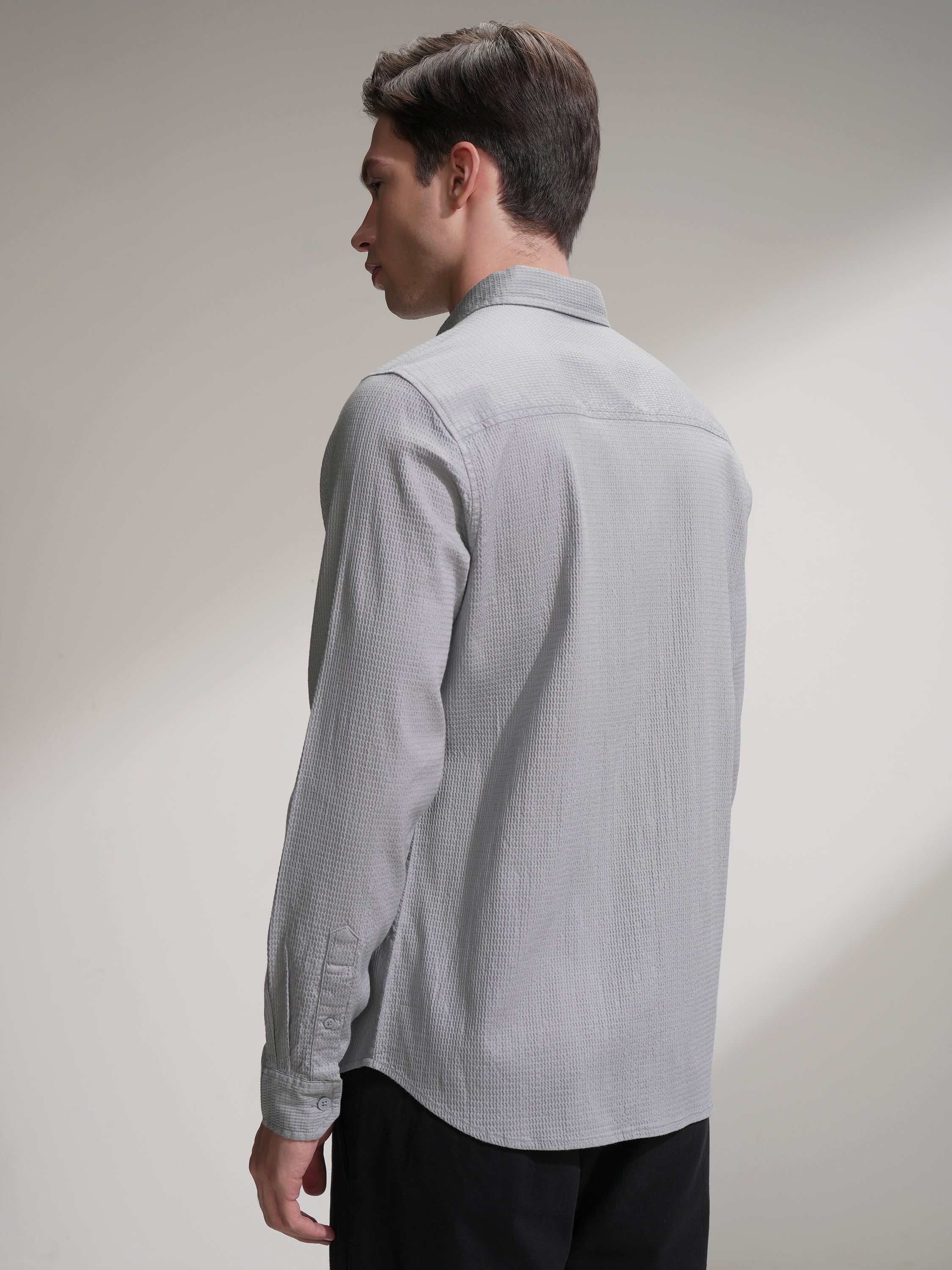 Highlander Men Grey Self Design Slim Fit Casual Shirt - Grey - Image 3