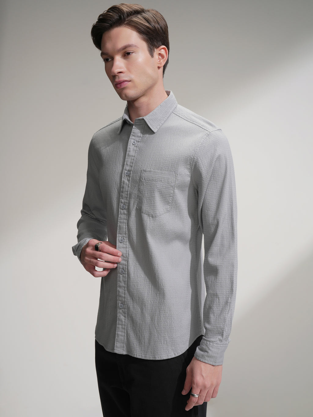 Highlander Men Grey Self Design Slim Fit Casual Shirt - Grey - Image 4