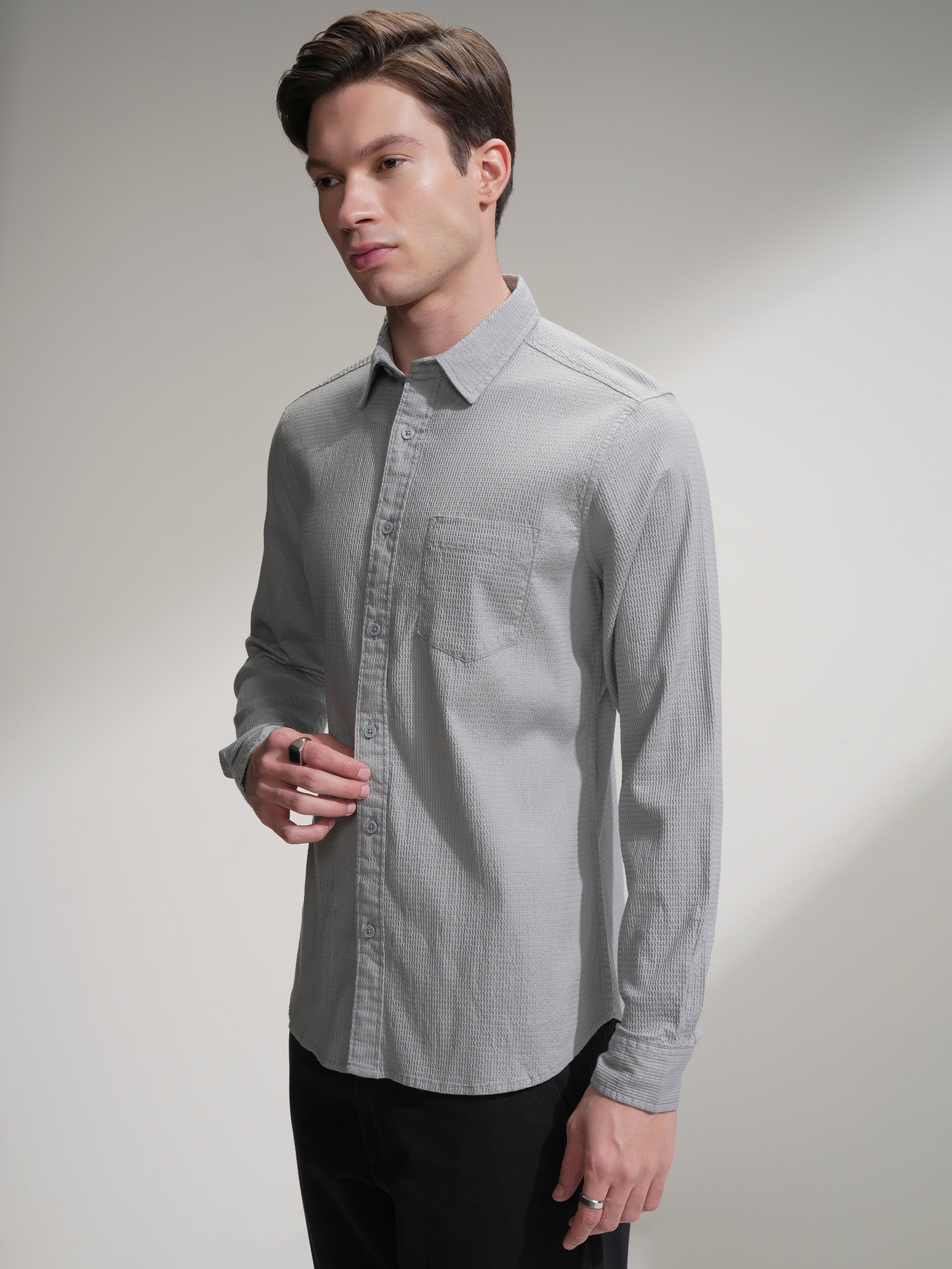 Highlander Men Grey Self Design Slim Fit Casual Shirt - Grey - Image 4