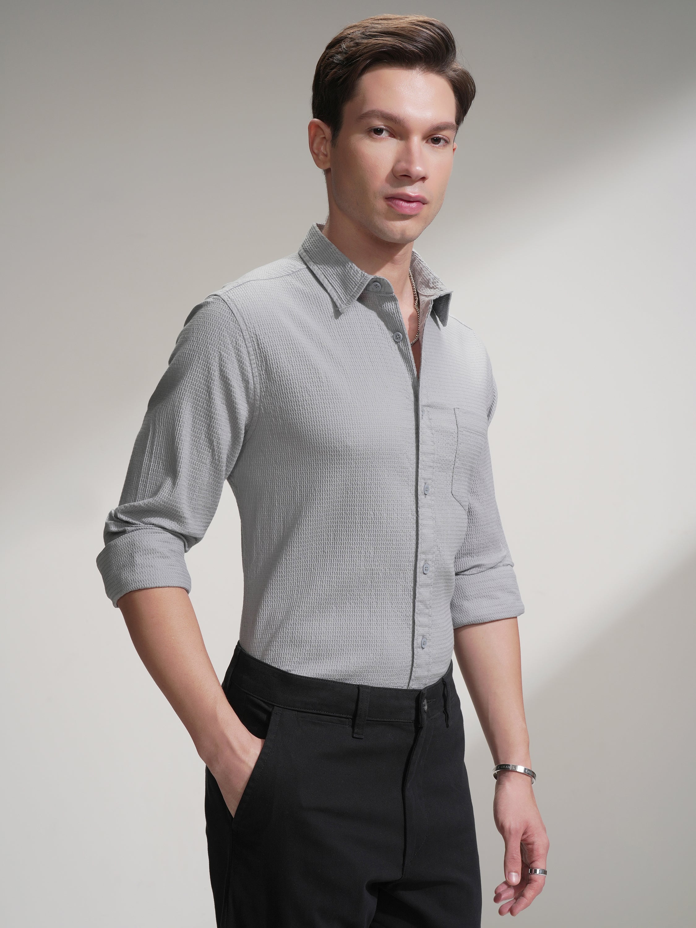 Highlander Men Grey Self Design Slim Fit Casual Shirt - Grey - Image 6