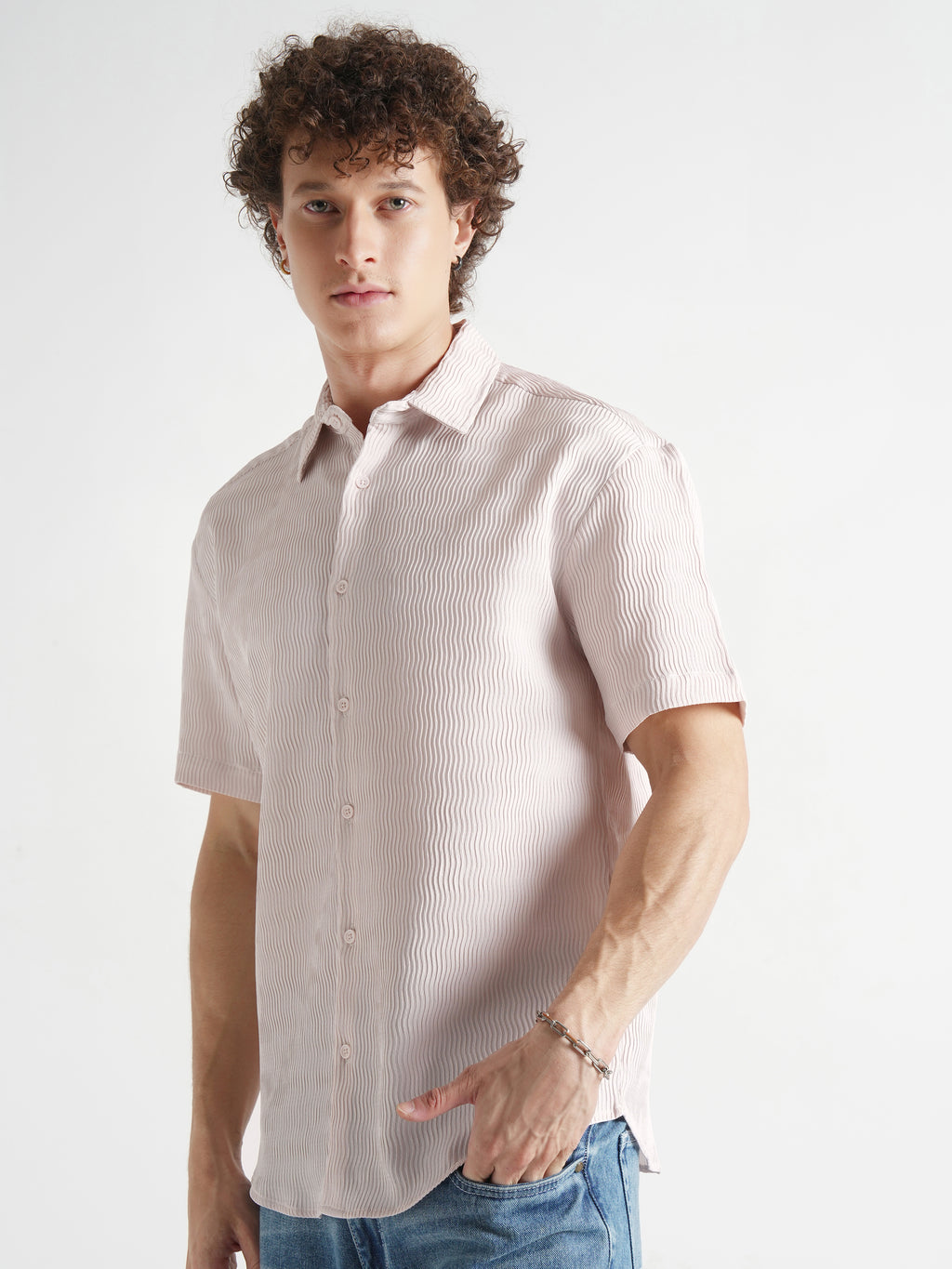 Highlander Men Cream Self Design Relaxed Fit Casual Shirt - Cream - Image 4