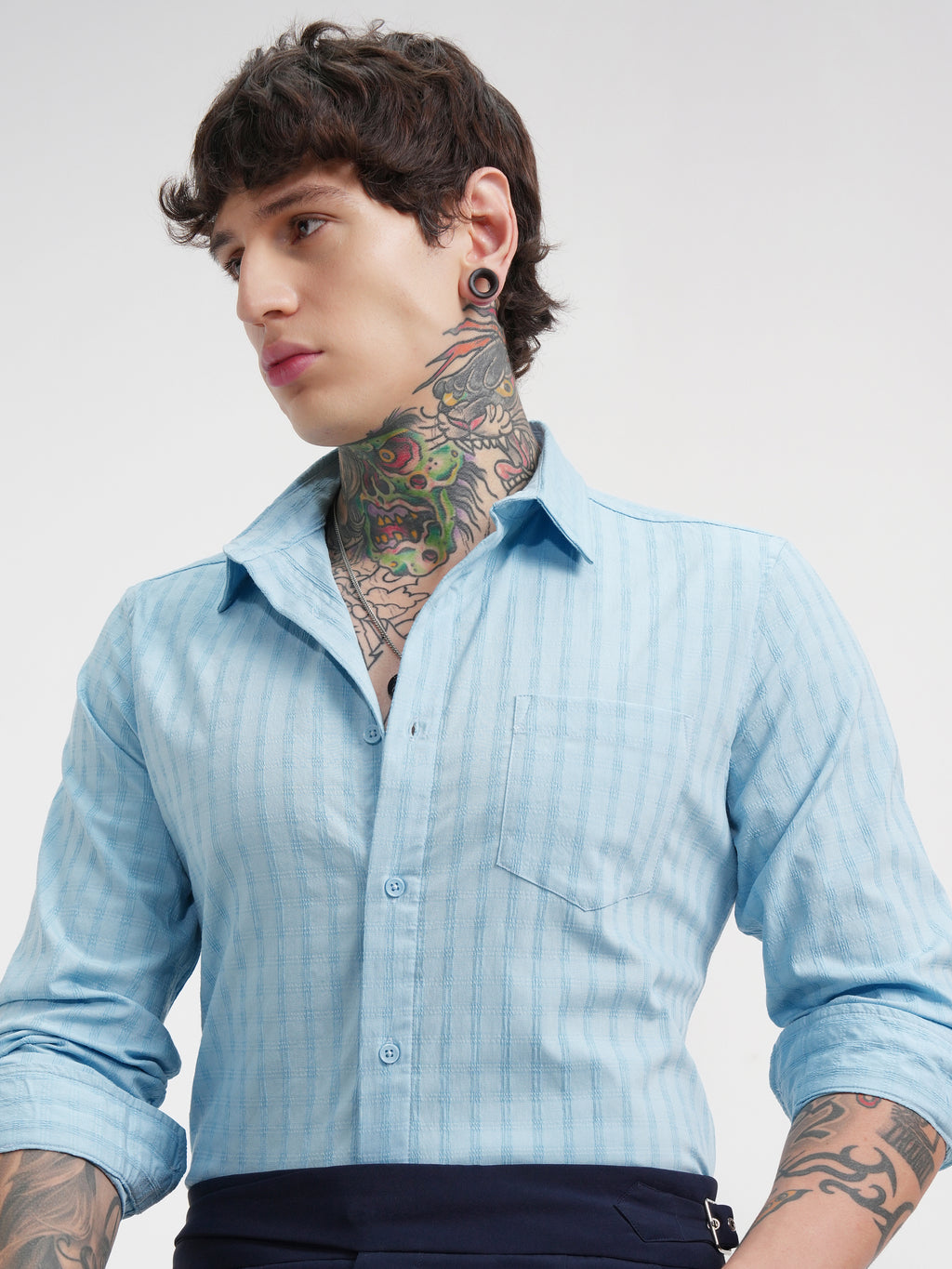 Highlander Men Blue Self Design Slim Fit Casual Shirt - Blue - Image 1