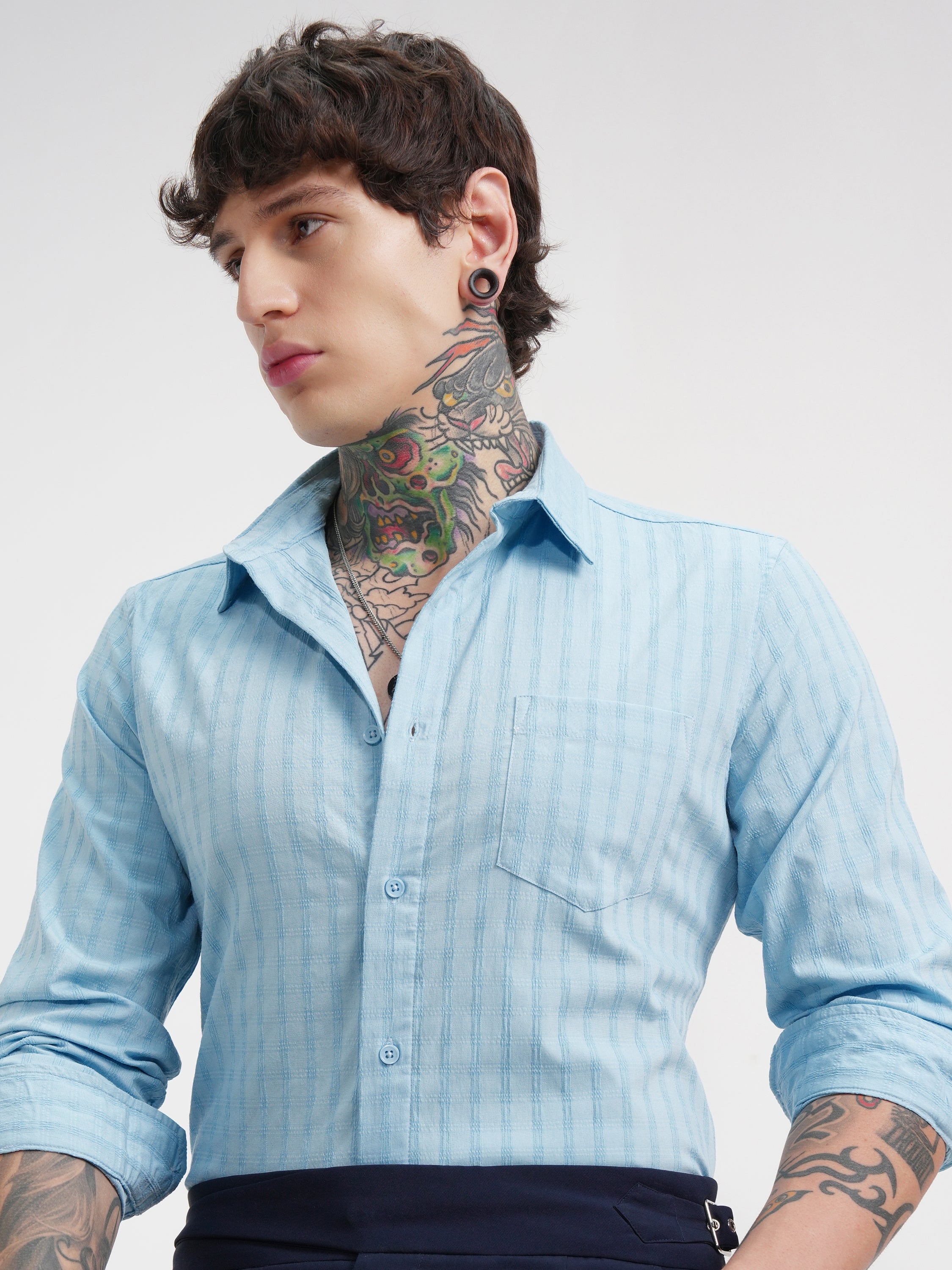 Highlander Men Blue Self Design Slim Fit Casual Shirt - Blue - Image 1