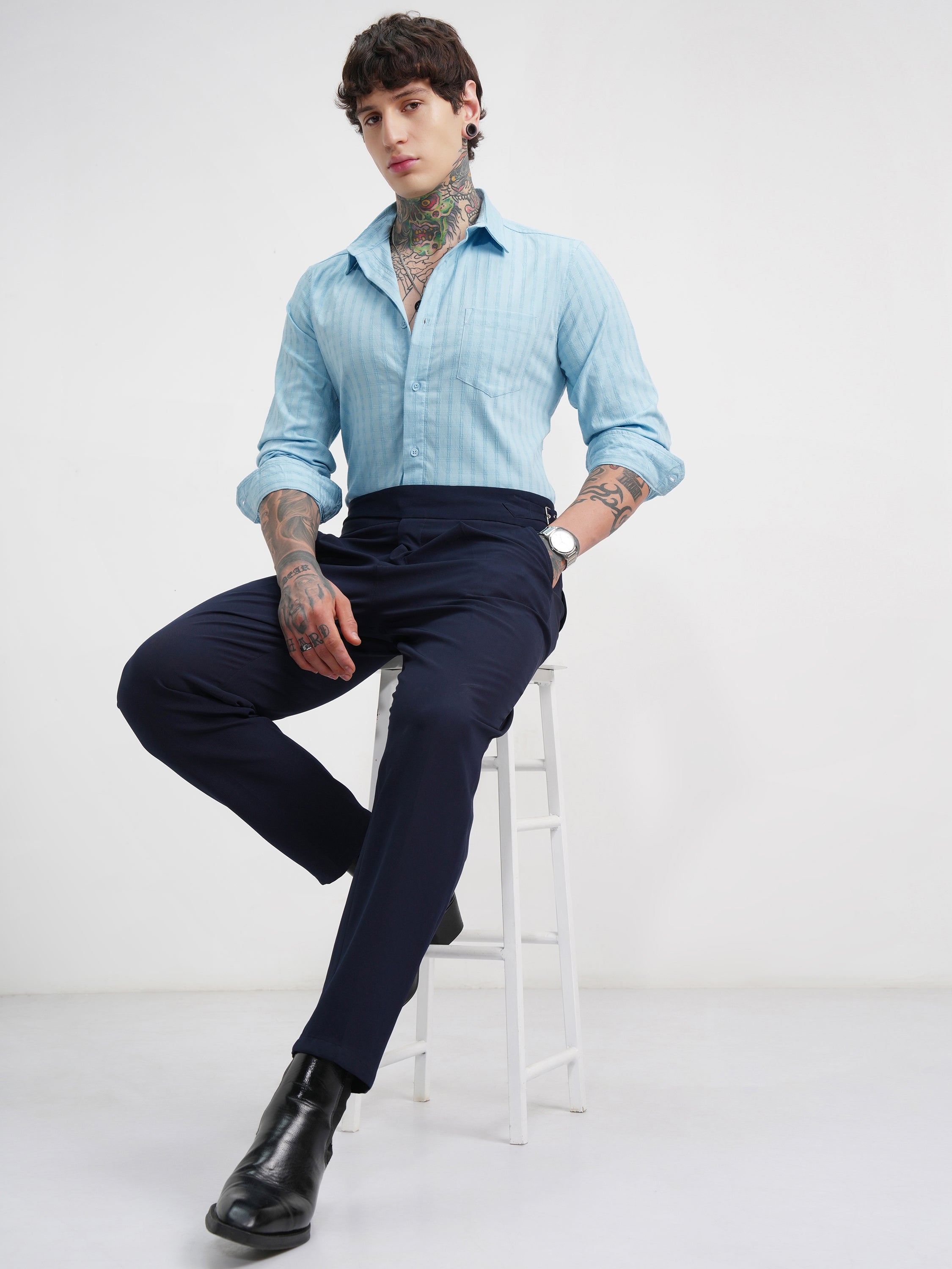 Highlander Men Blue Self Design Slim Fit Casual Shirt - Blue - Image 2
