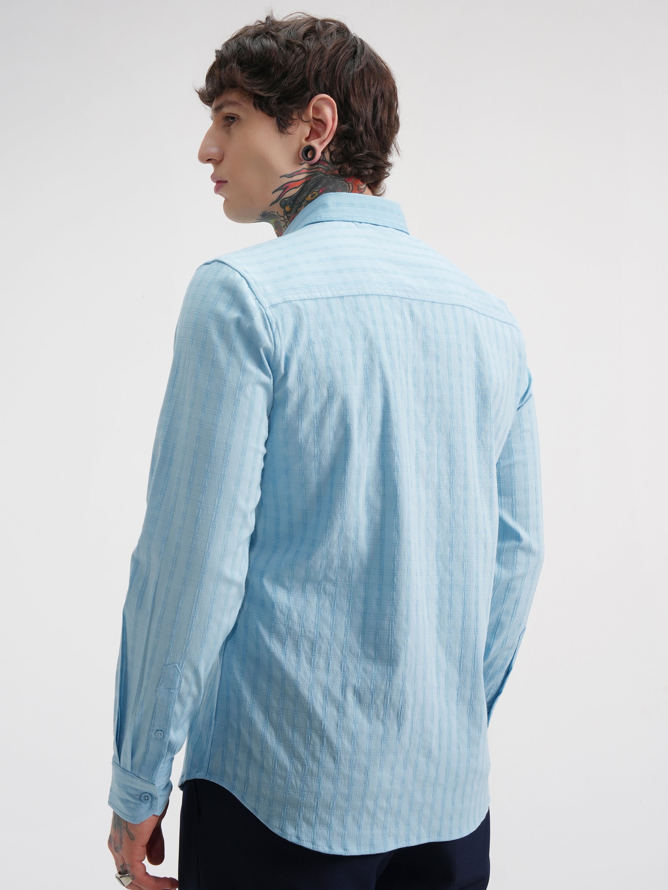 Highlander Men Blue Self Design Slim Fit Casual Shirt - Blue - Image 3