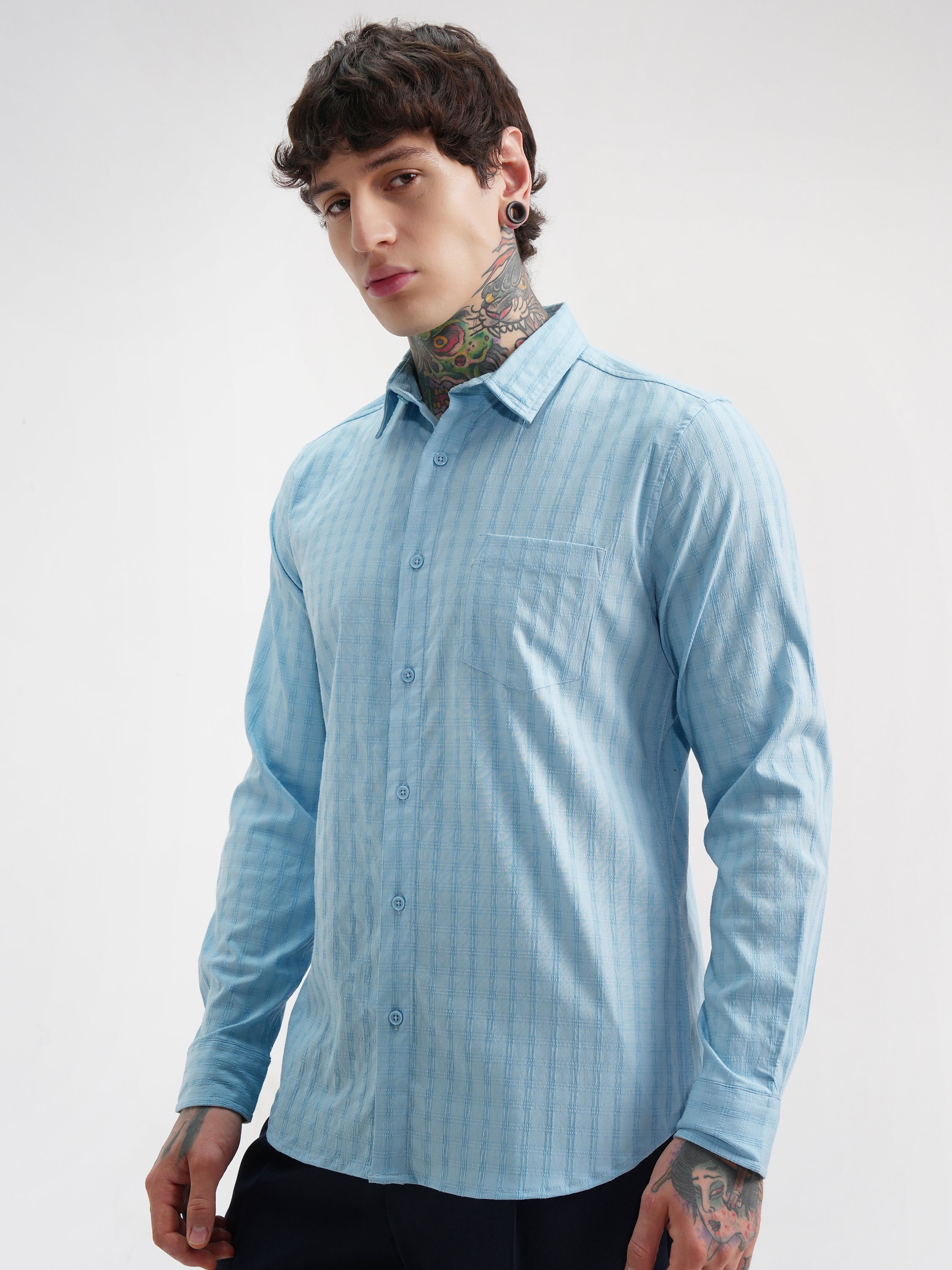 Highlander Men Blue Self Design Slim Fit Casual Shirt - Blue - Image 4