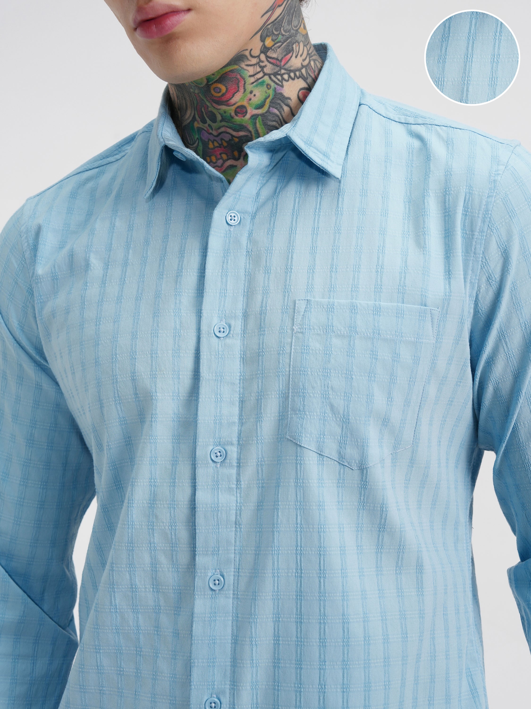 Highlander Men Blue Self Design Slim Fit Casual Shirt - Blue - Image 5