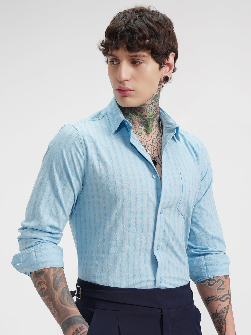 Highlander Men Blue Self Design Slim Fit Casual Shirt - Blue - Image 6